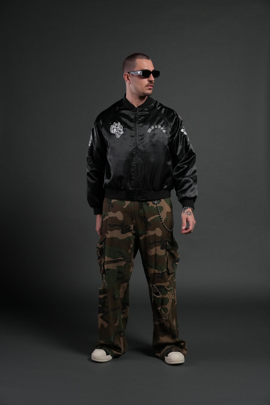 Last Love Unisex Cropped Satin Bomber Jacket in Black