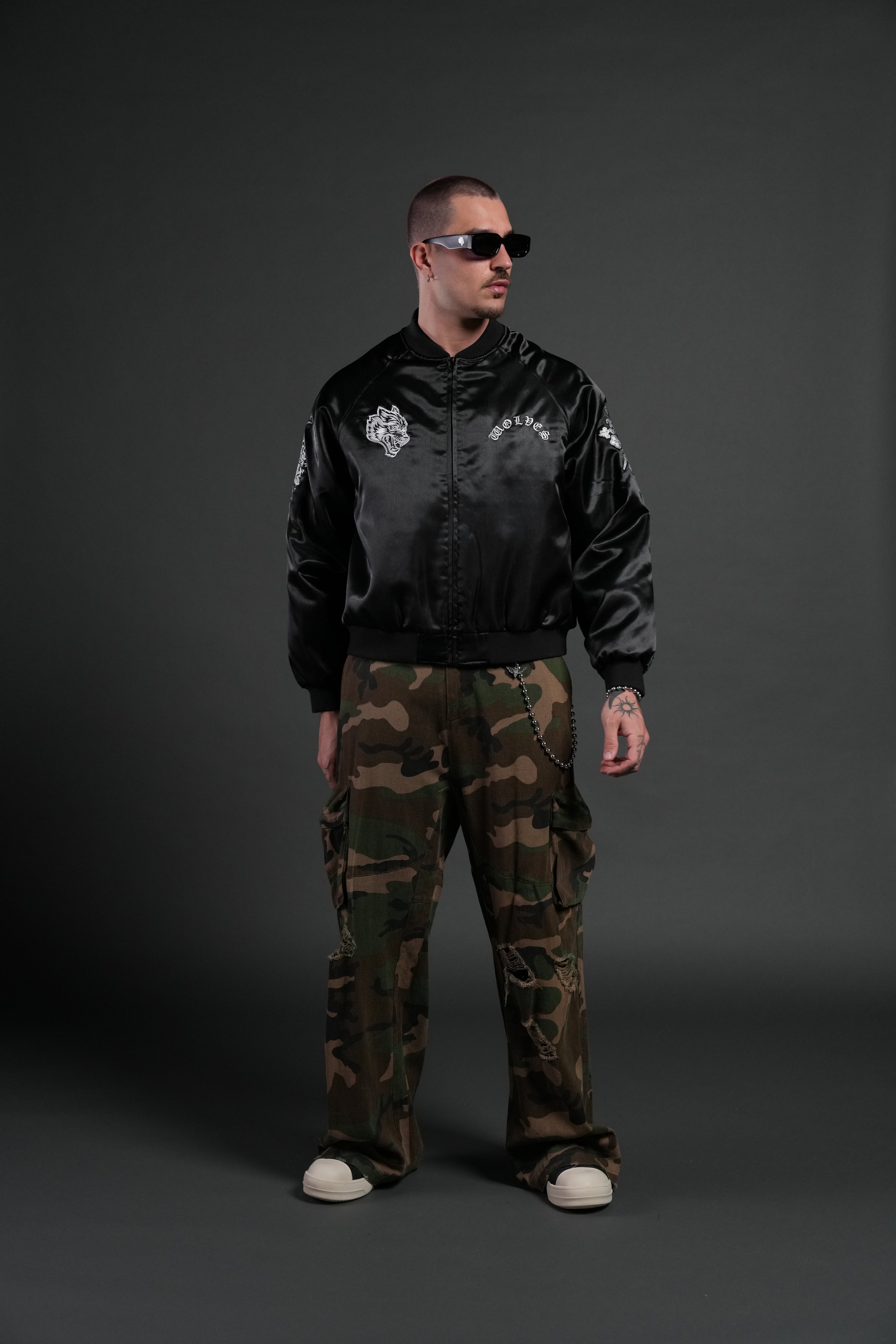 Last Love Unisex Cropped Satin Bomber Jacket in Black