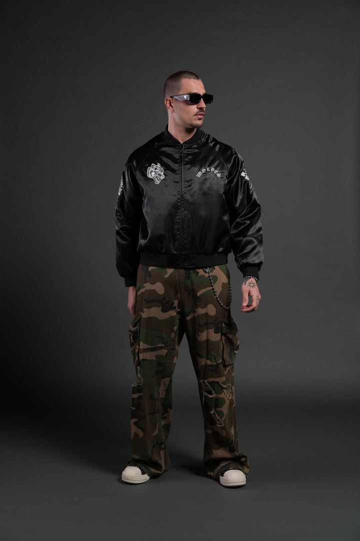 Last Love Unisex Cropped Satin Bomber Jacket in Black