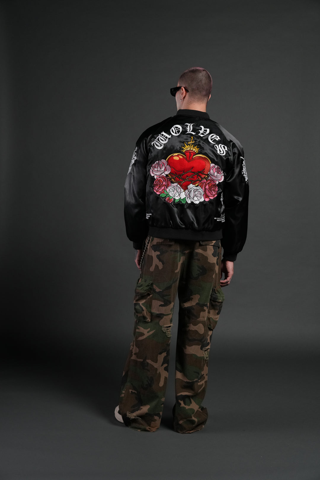 Last Love Unisex Cropped Satin Bomber Jacket in Black