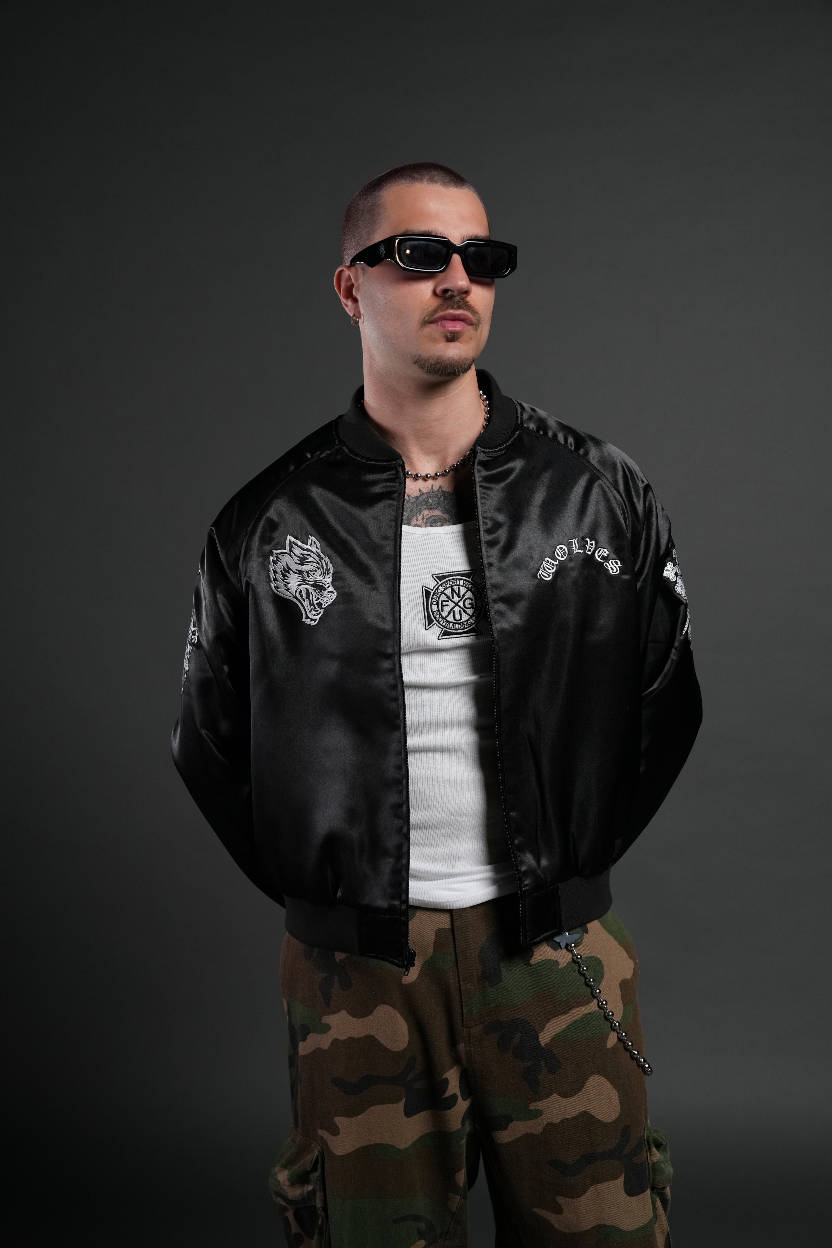 Last Love Unisex Cropped Satin Bomber Jacket in Black