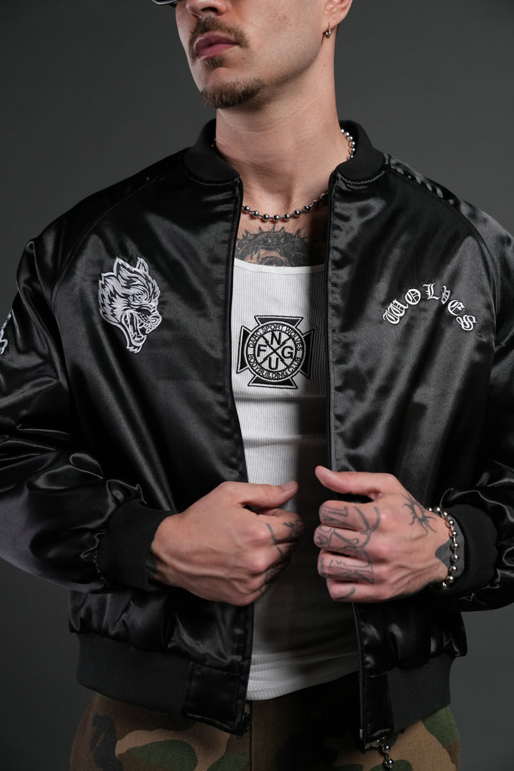 Last Love Unisex Cropped Satin Bomber Jacket in Black