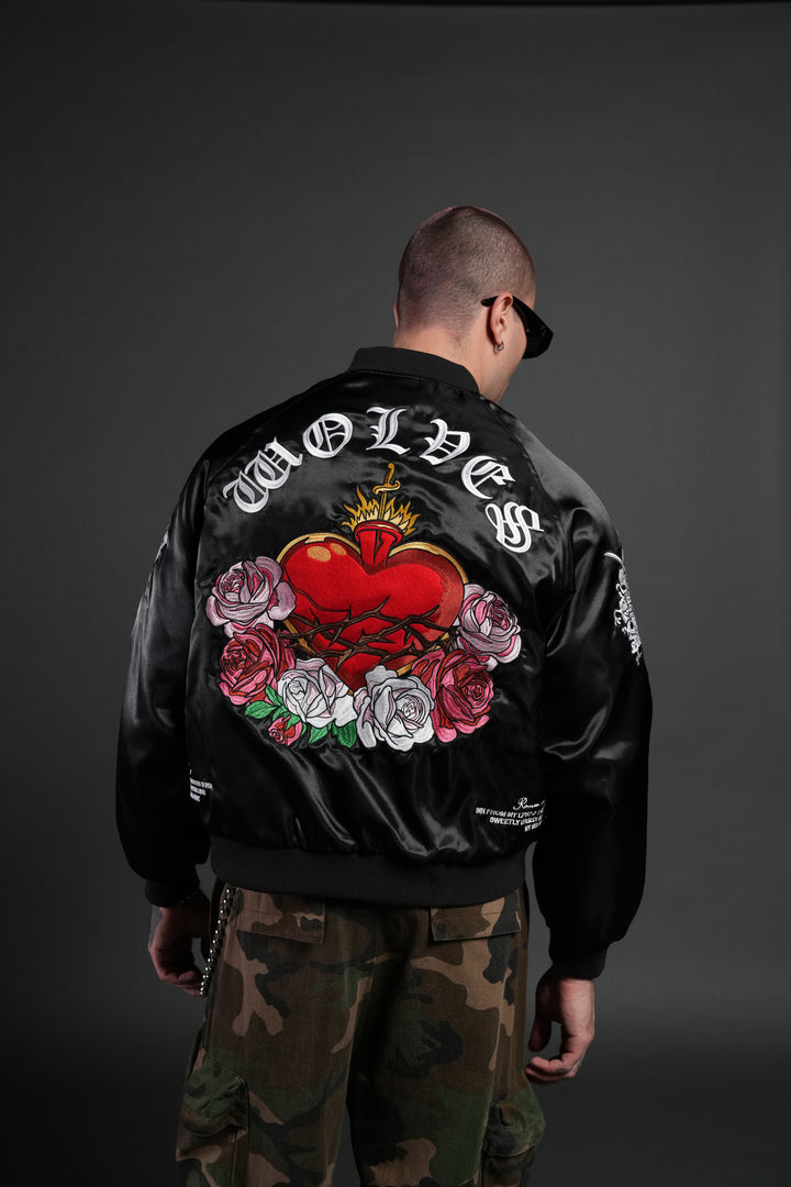 Last Love Unisex Cropped Satin Bomber Jacket in Black