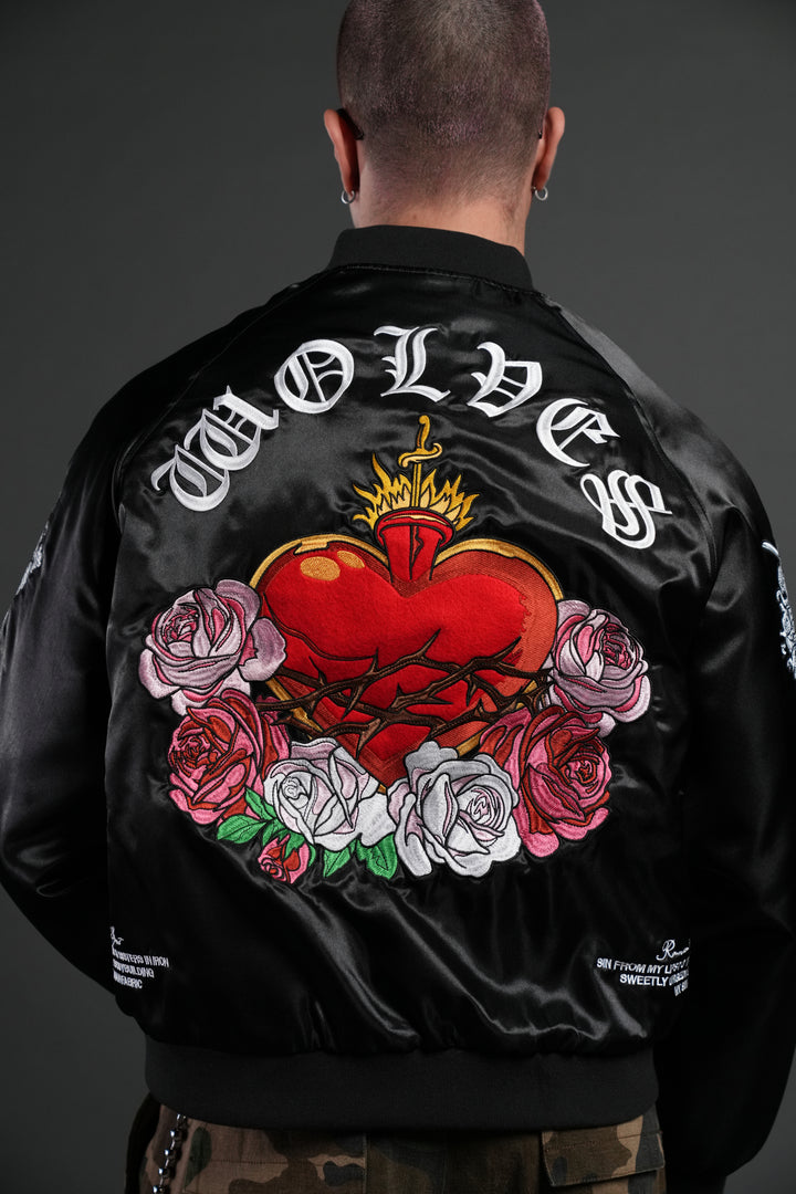 Last Love Unisex Cropped Satin Bomber Jacket in Black