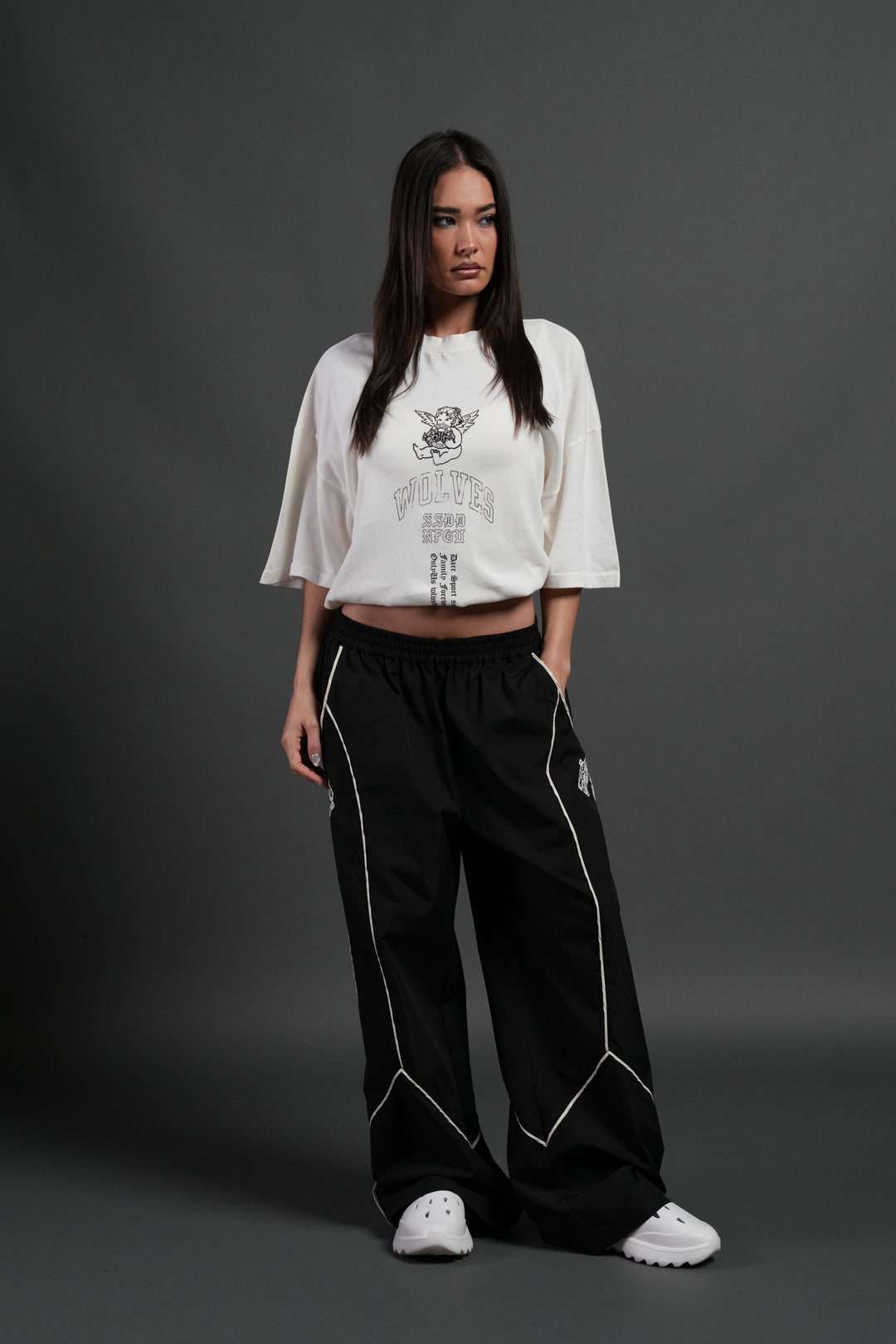 Wolves Club Cherub Grunge Mid Length Raw Hem Tee in Cream