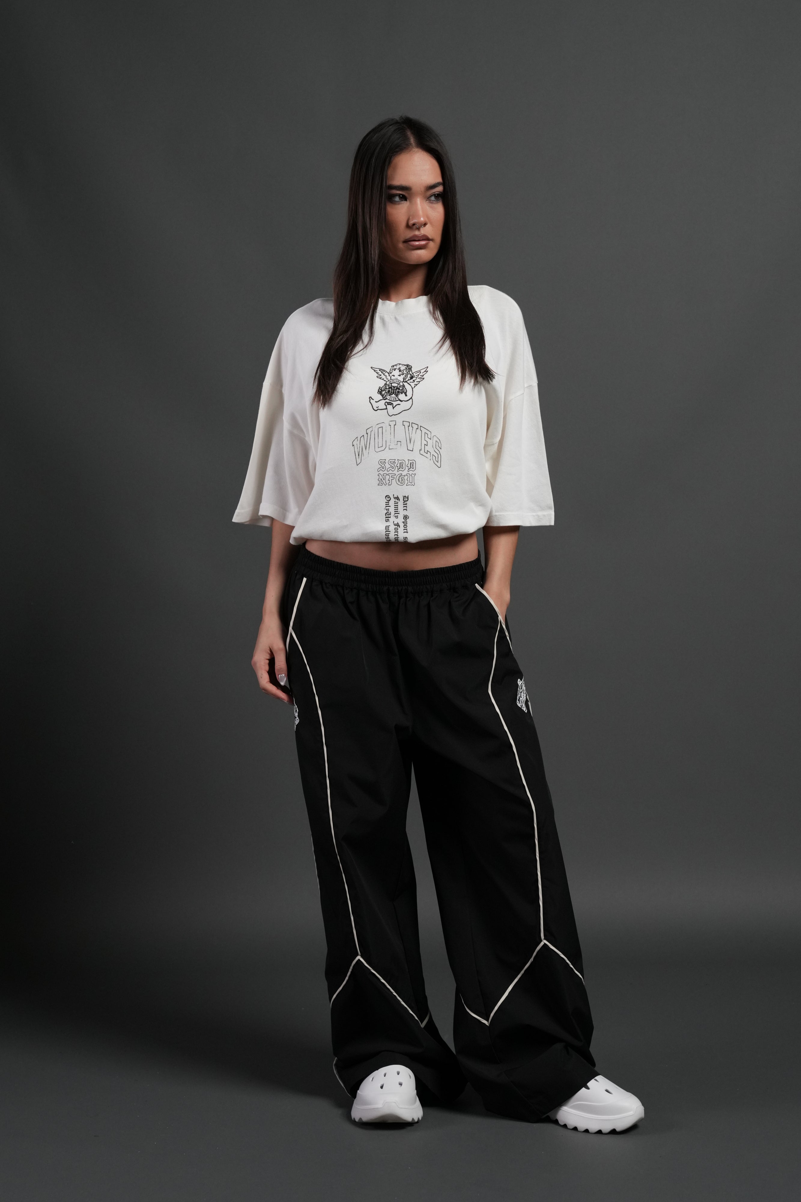 Wolves Club Cherub Grunge Mid Length Raw Hem Tee in Cream