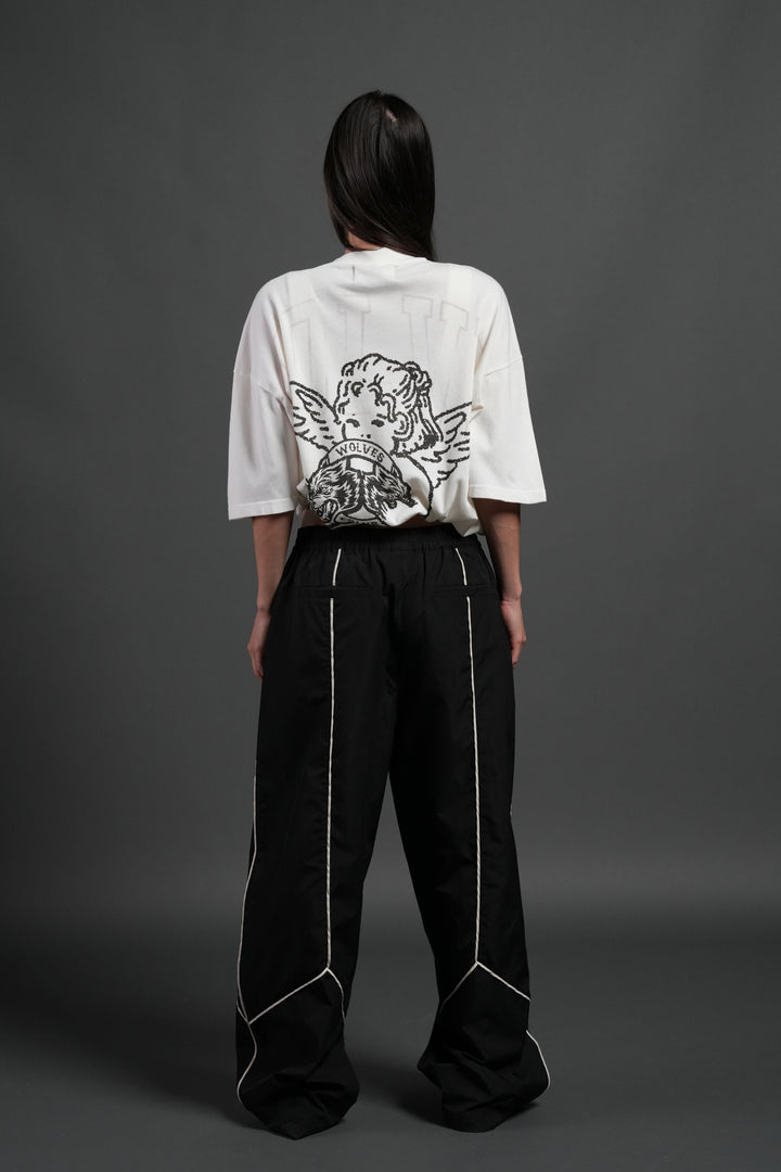 Wolves Club Cherub Grunge Mid Length Raw Hem Tee in Cream