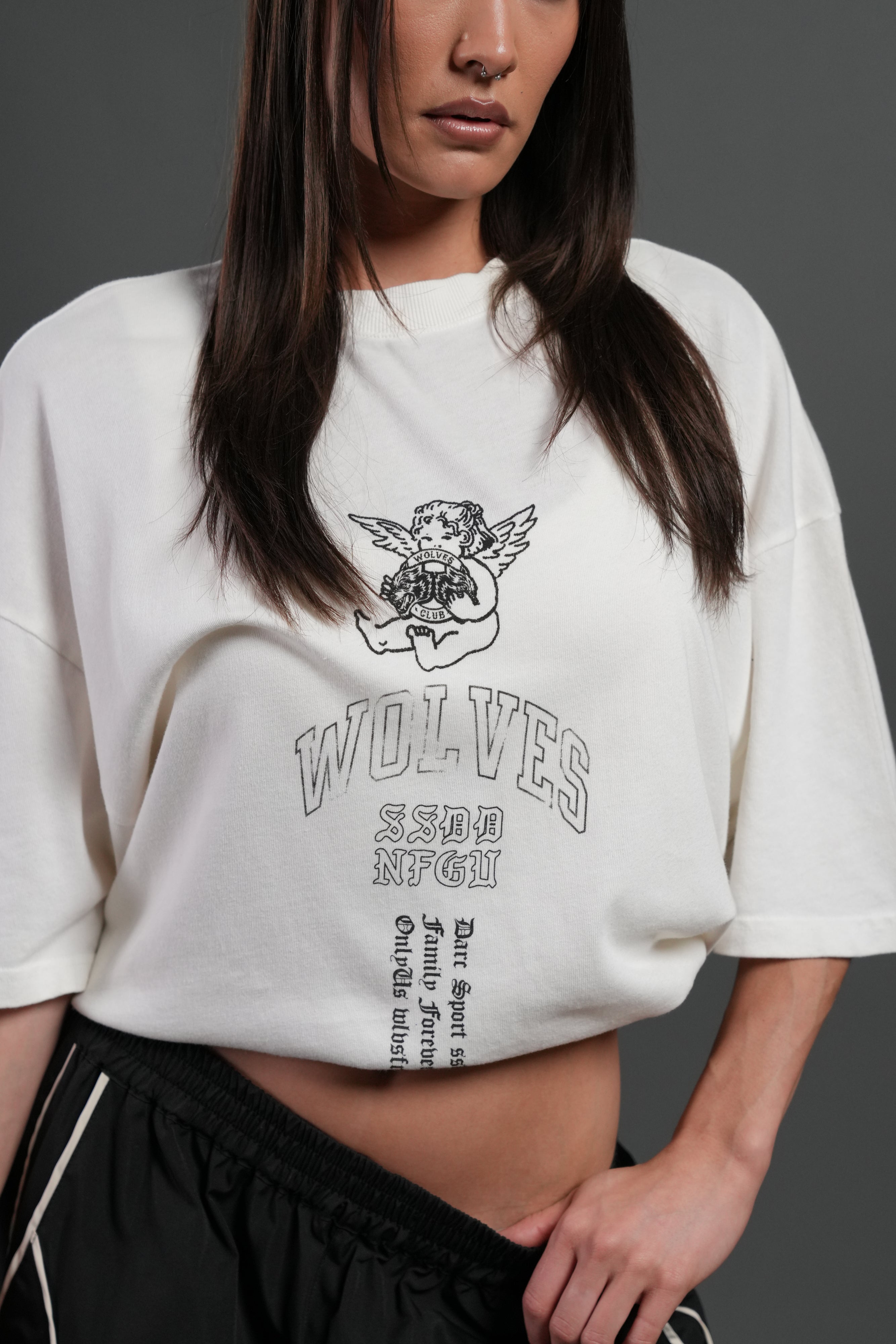 Wolves Club Cherub Grunge Mid Length Raw Hem Tee in Cream