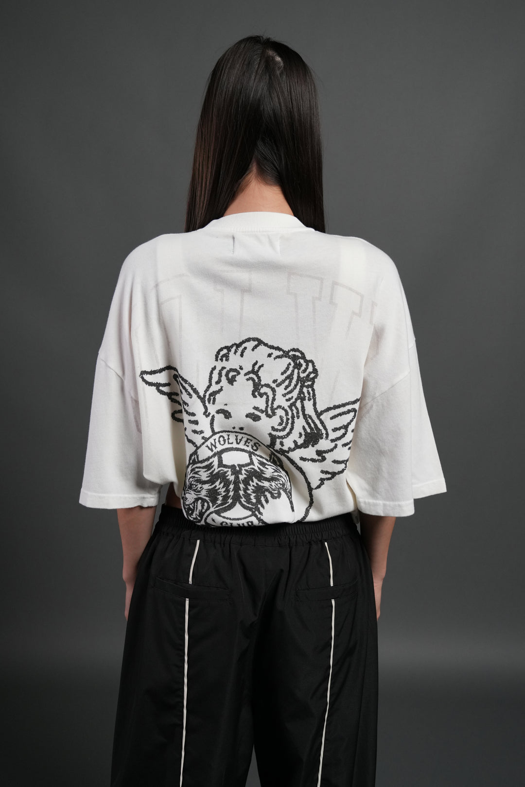 Wolves Club Cherub Grunge Mid Length Raw Hem Tee in Cream