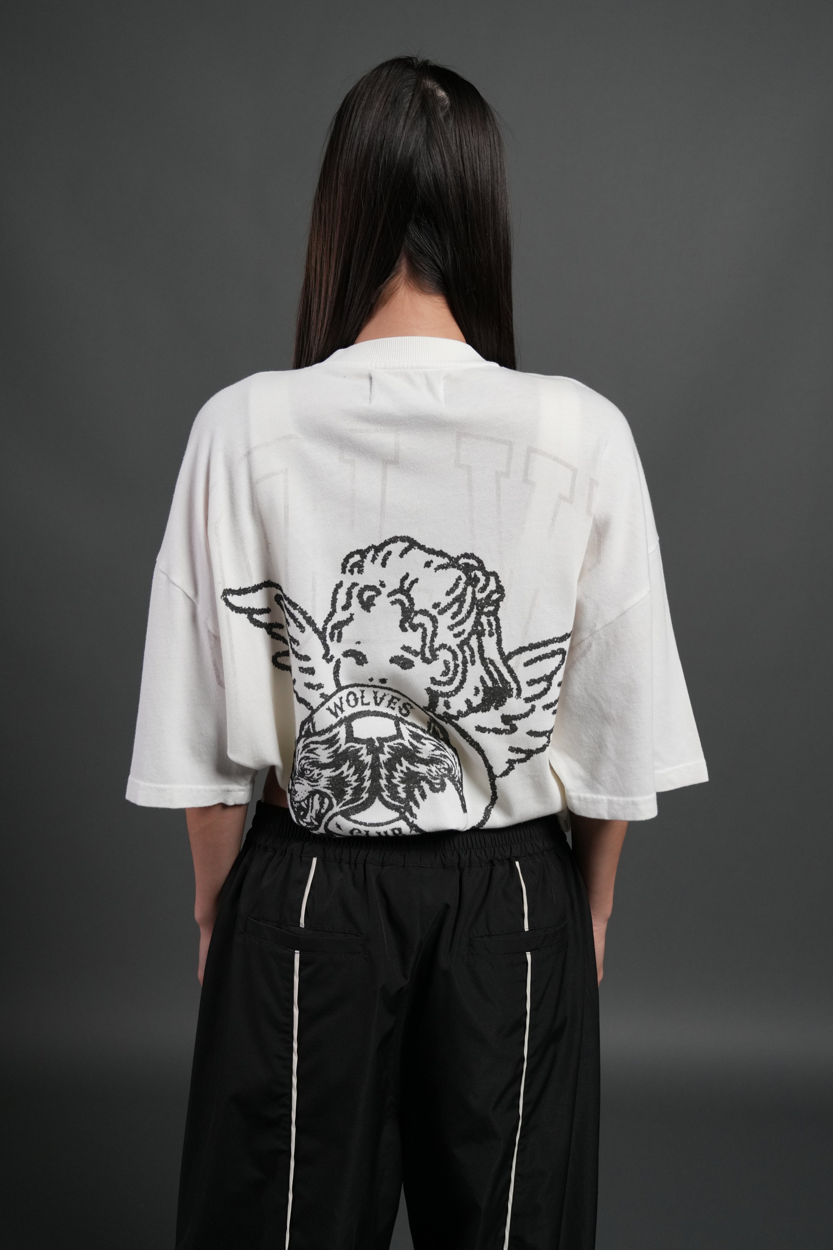 Wolves Club Cherub Grunge Mid Length Raw Hem Tee in Cream