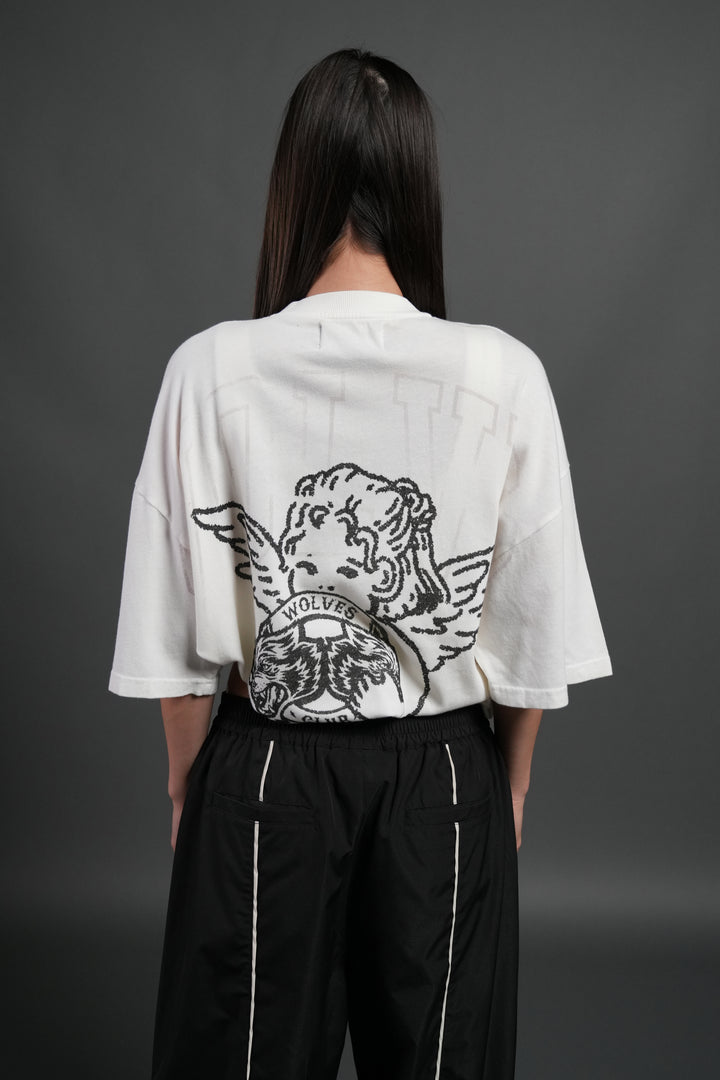 Wolves Club Cherub Grunge Mid Length Raw Hem Tee in Cream
