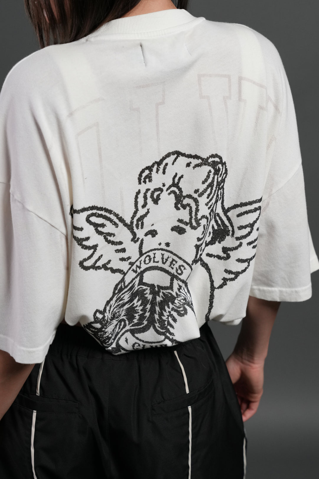 Wolves Club Cherub Grunge Mid Length Raw Hem Tee in Cream