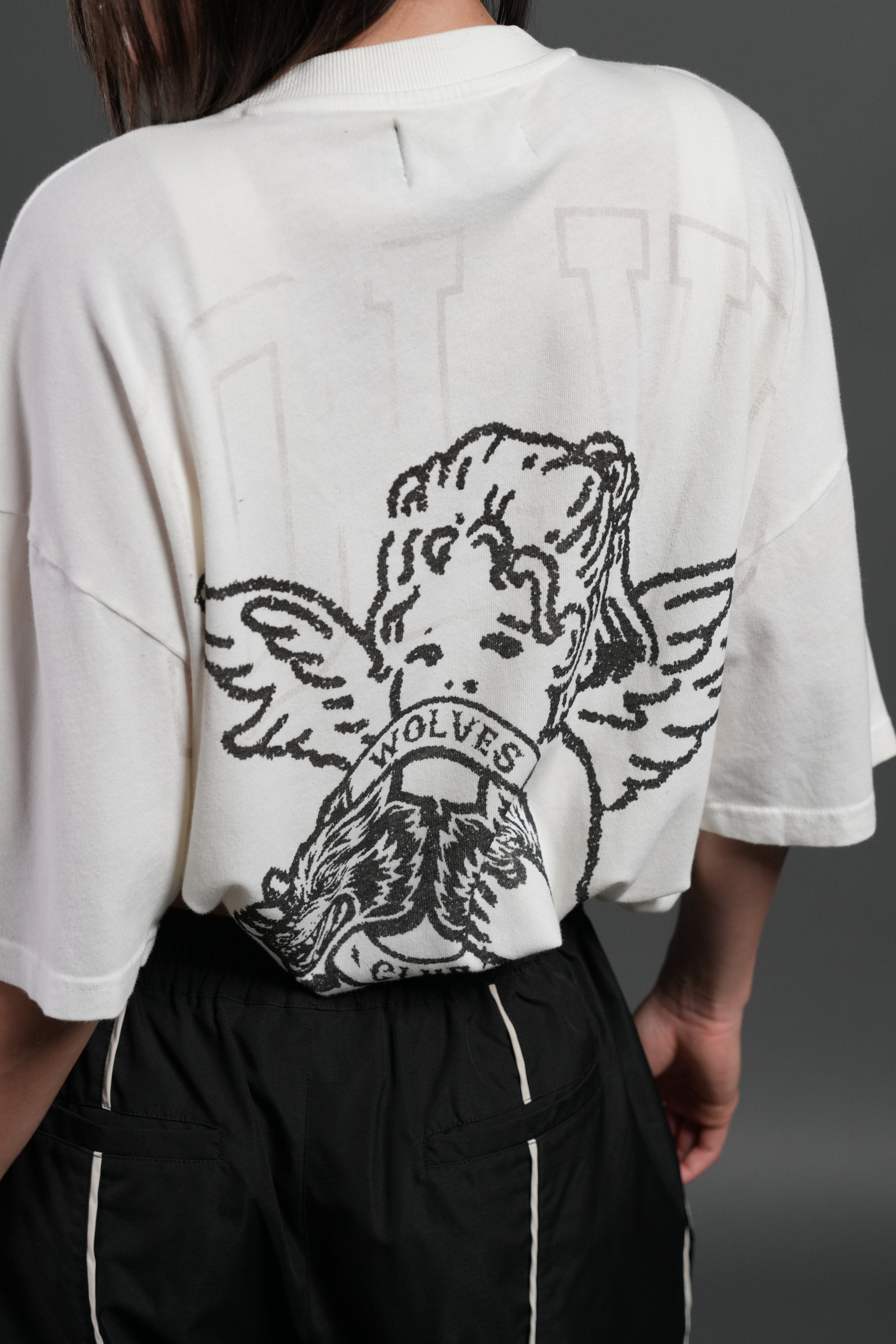 Wolves Club Cherub Grunge Mid Length Raw Hem Tee in Cream