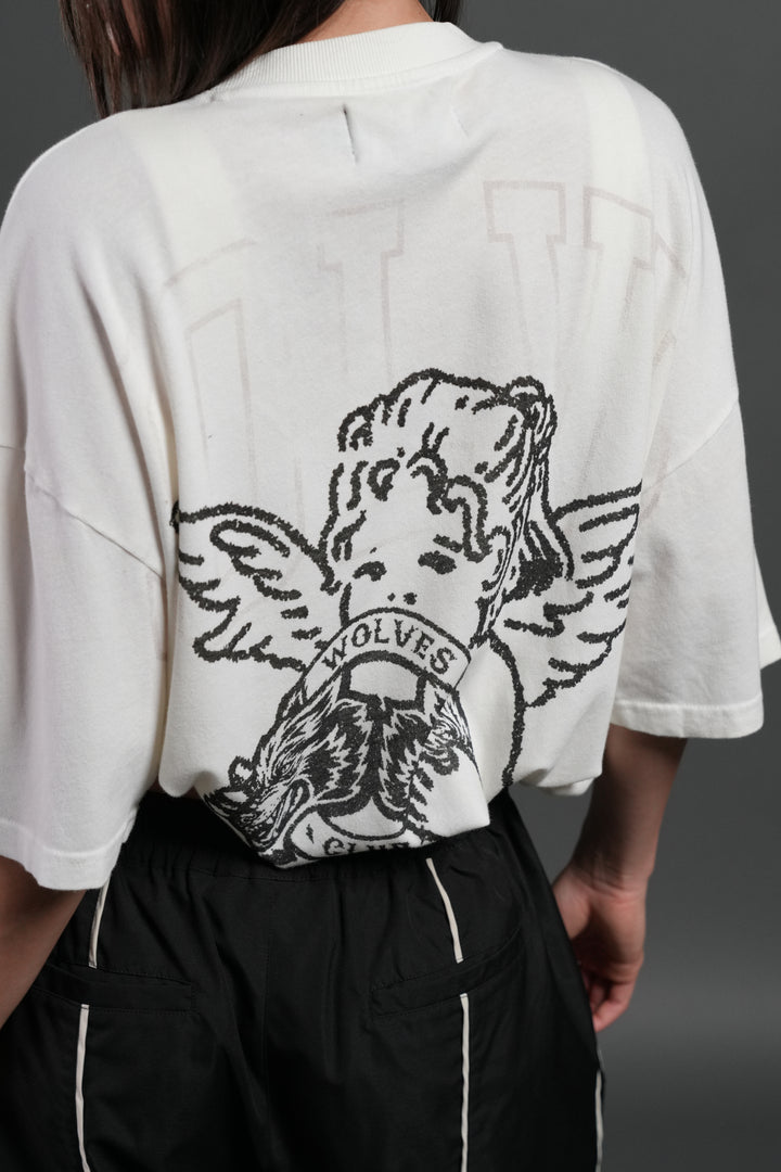 Wolves Club Cherub Grunge Mid Length Raw Hem Tee in Cream