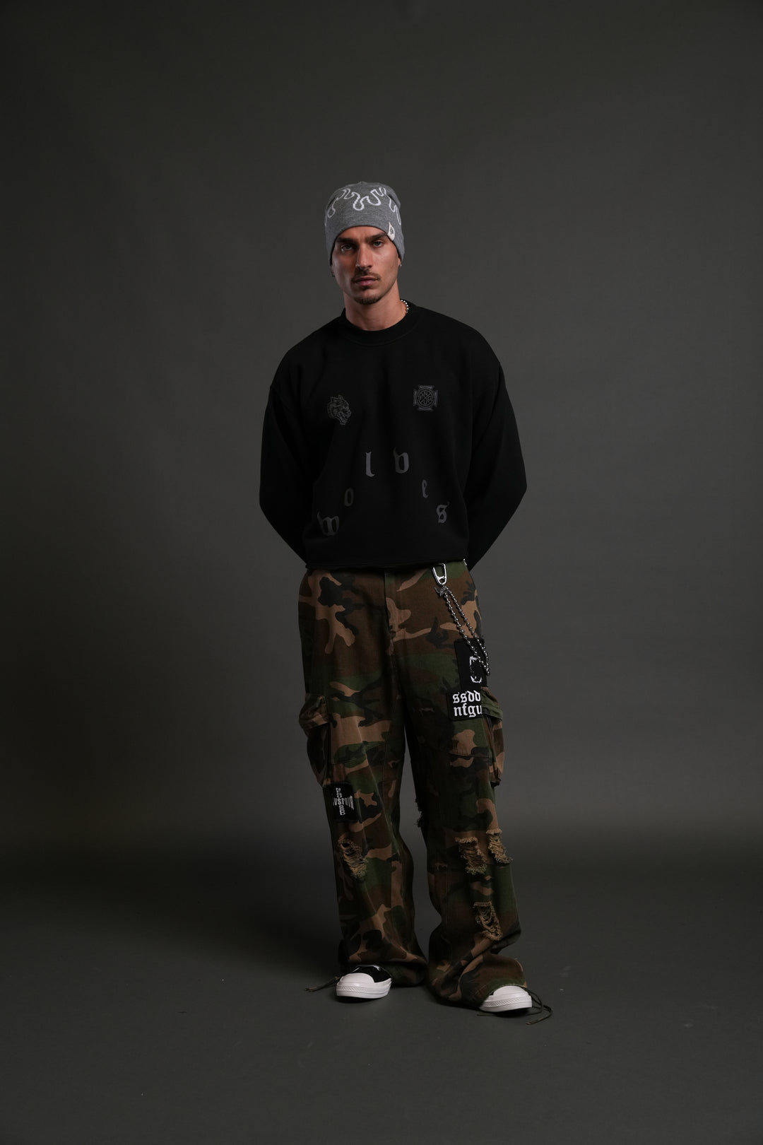 Pyramid Wolves Raw Hem "Box Cut" Crewneck in Black