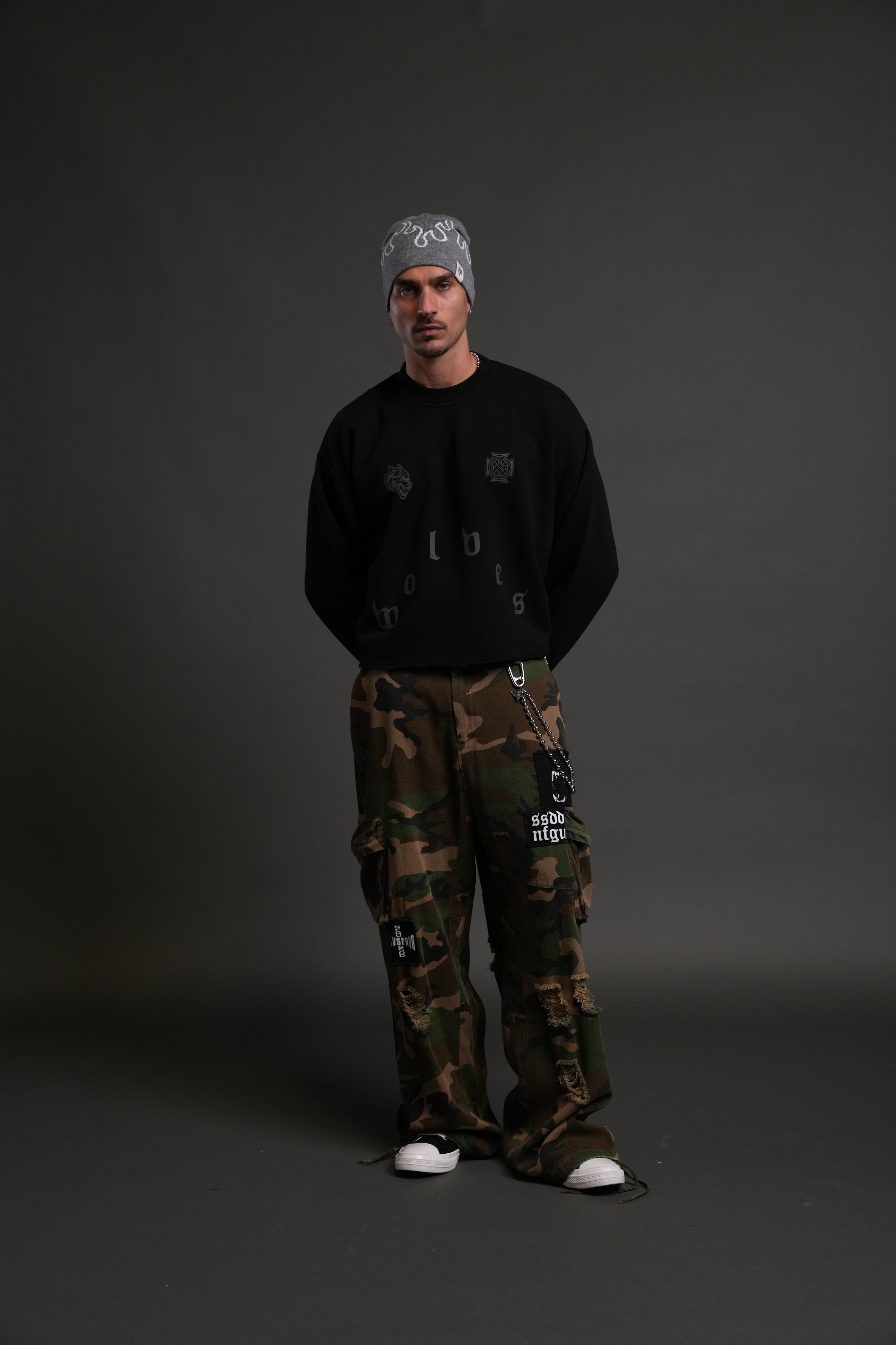 Pyramid Wolves Raw Hem "Box Cut" Crewneck in Black