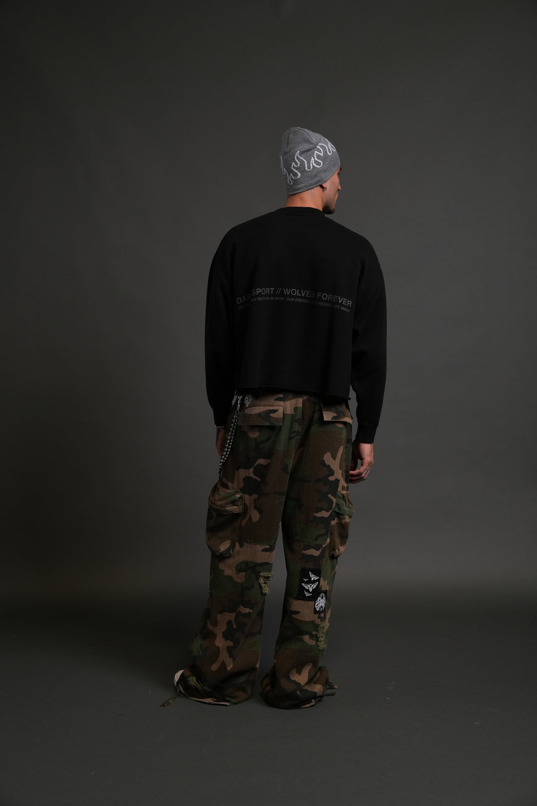 Pyramid Wolves Raw Hem "Box Cut" Crewneck in Black
