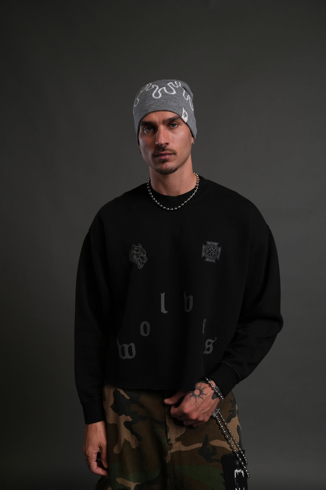 Pyramid Wolves Raw Hem "Box Cut" Crewneck in Black