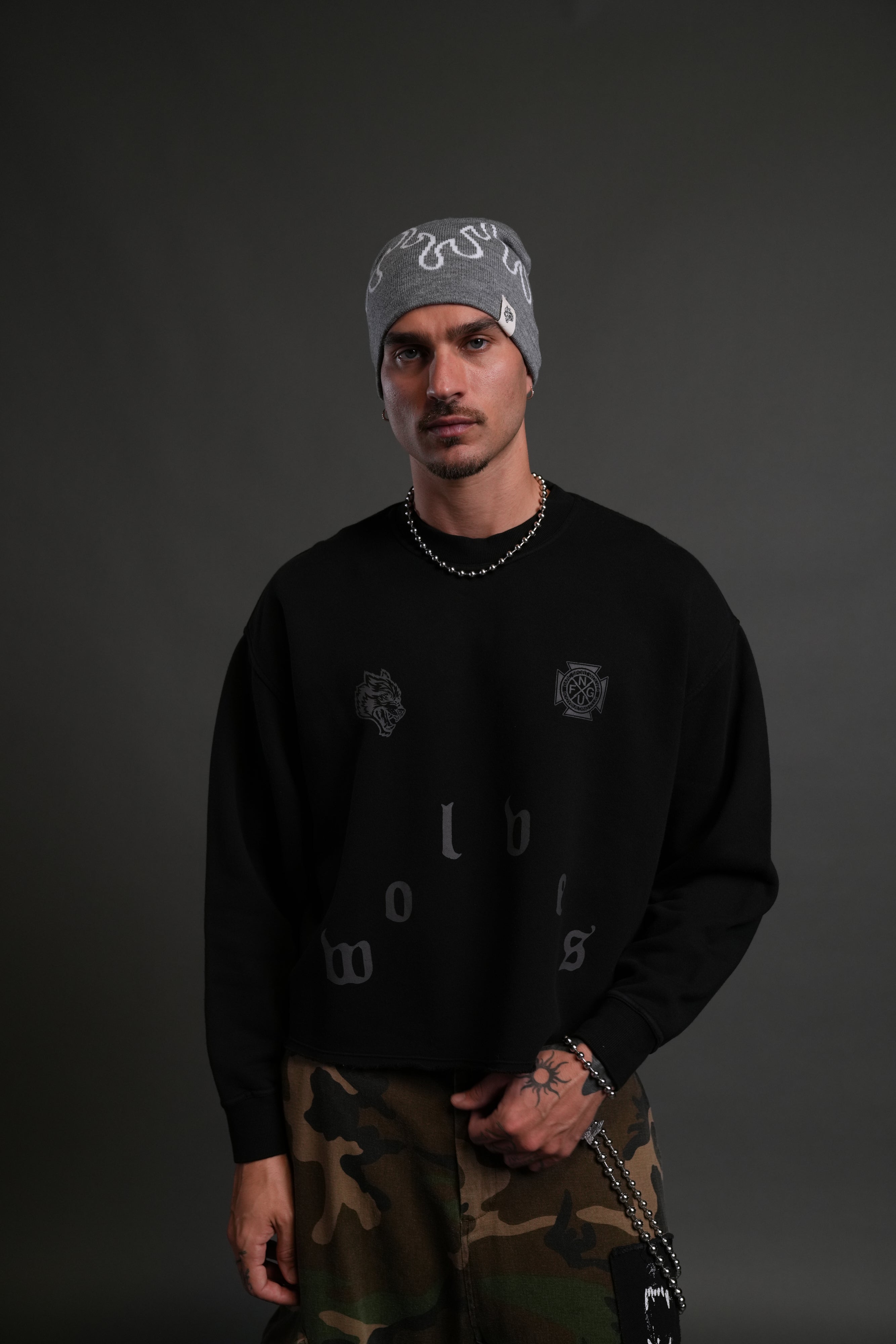 Pyramid Wolves Raw Hem "Box Cut" Crewneck in Black