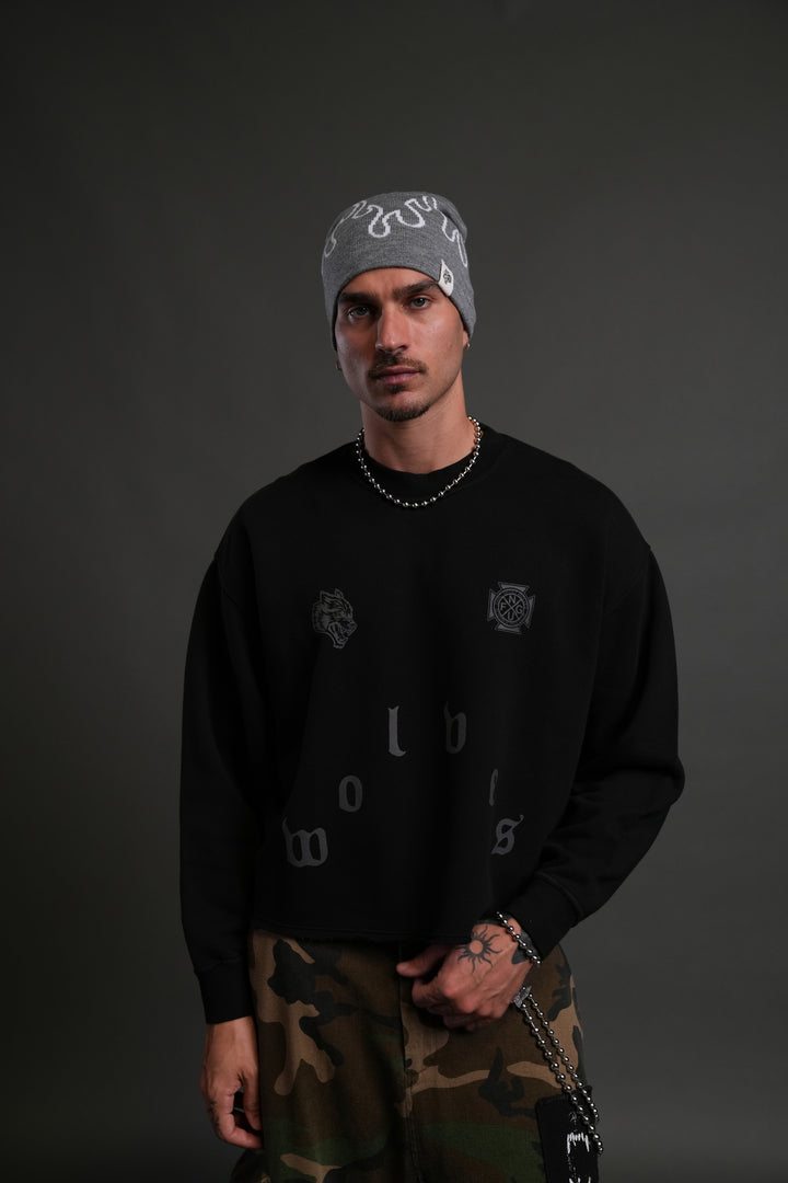 Pyramid Wolves Raw Hem "Box Cut" Crewneck in Black