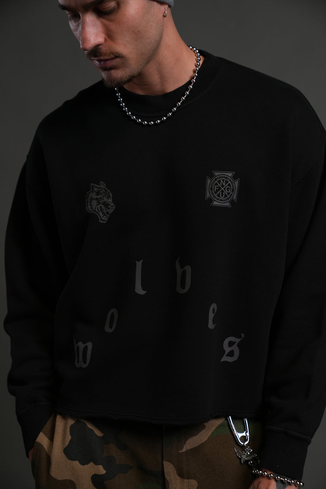 Pyramid Wolves Raw Hem "Box Cut" Crewneck in Black