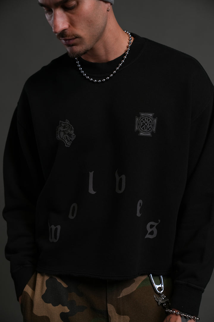 Pyramid Wolves Raw Hem "Box Cut" Crewneck in Black