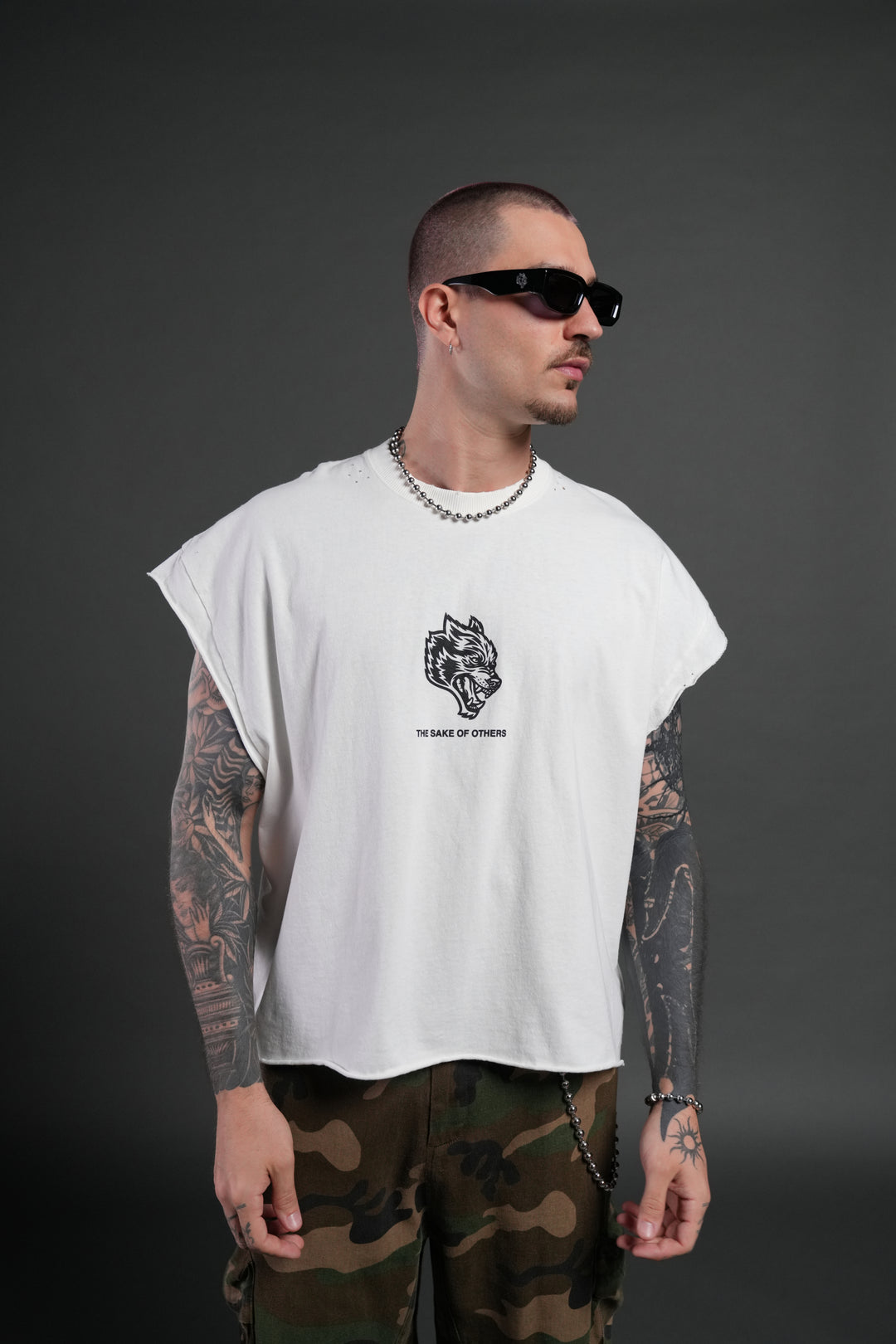 Holy Vow Distressed Grunge Cut-Off Mid-Length Raw Hem Tee in Cream