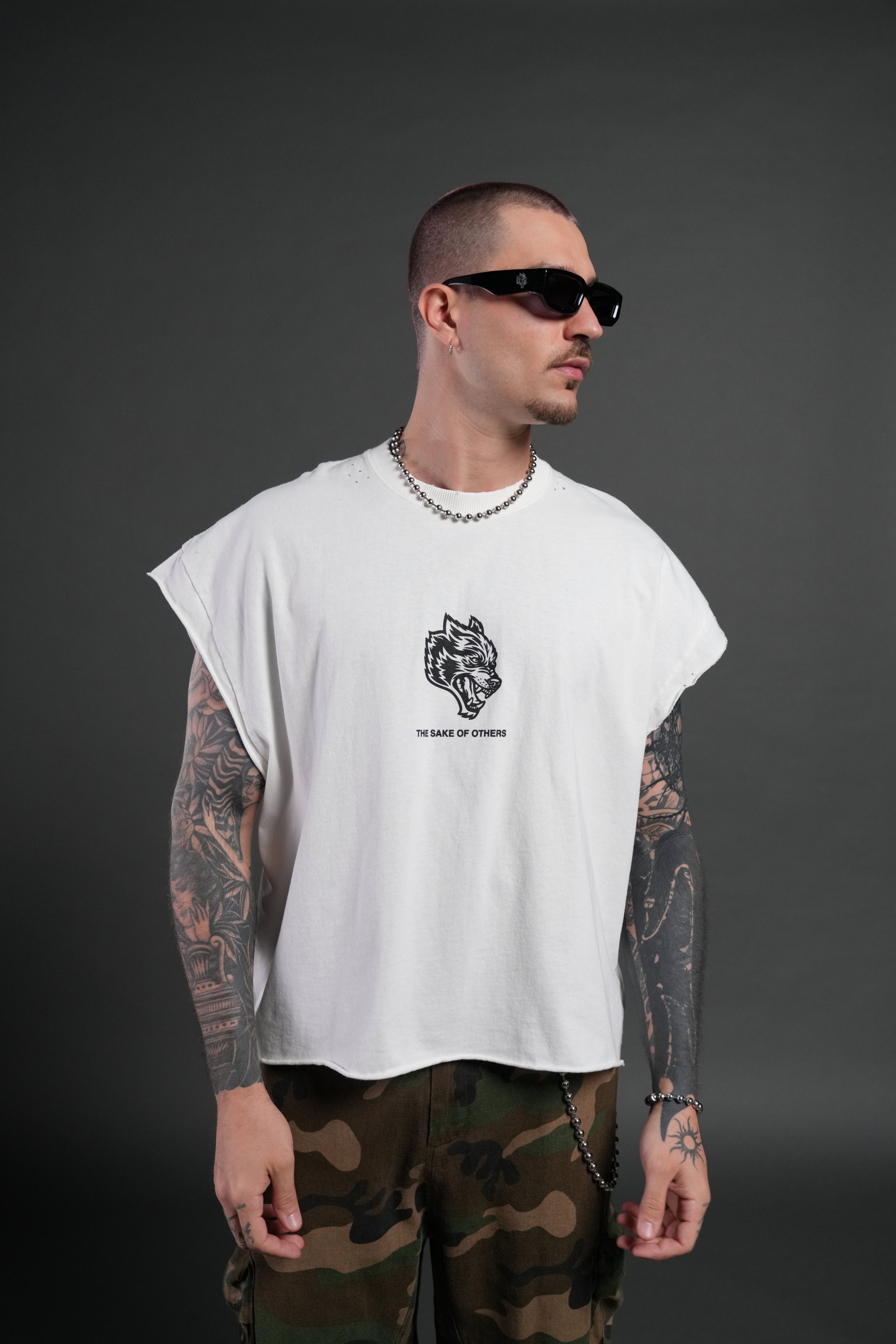 Holy Vow Distressed Grunge Cut-Off Mid-Length Raw Hem Tee in Cream