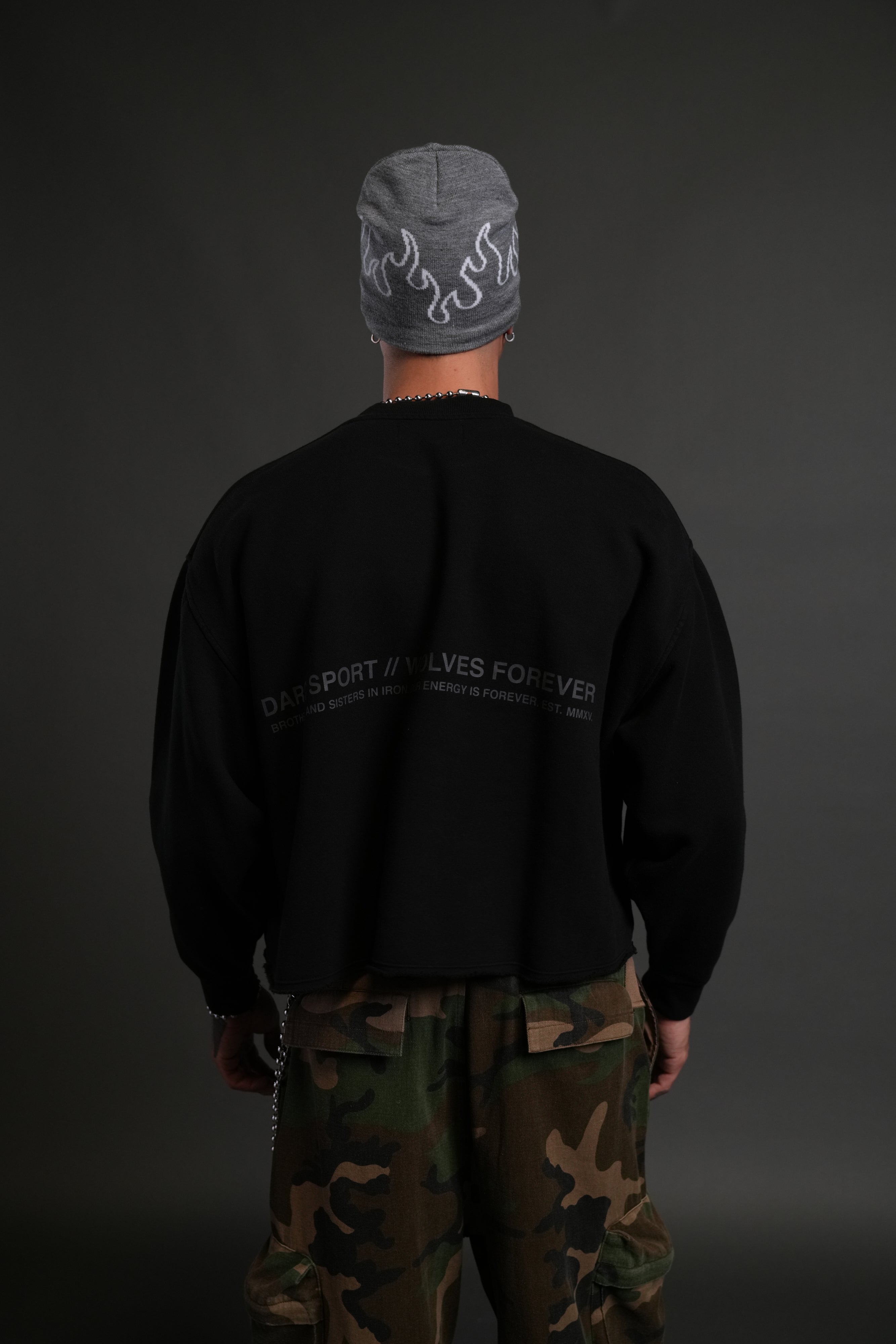 Pyramid Wolves Raw Hem "Box Cut" Crewneck in Black