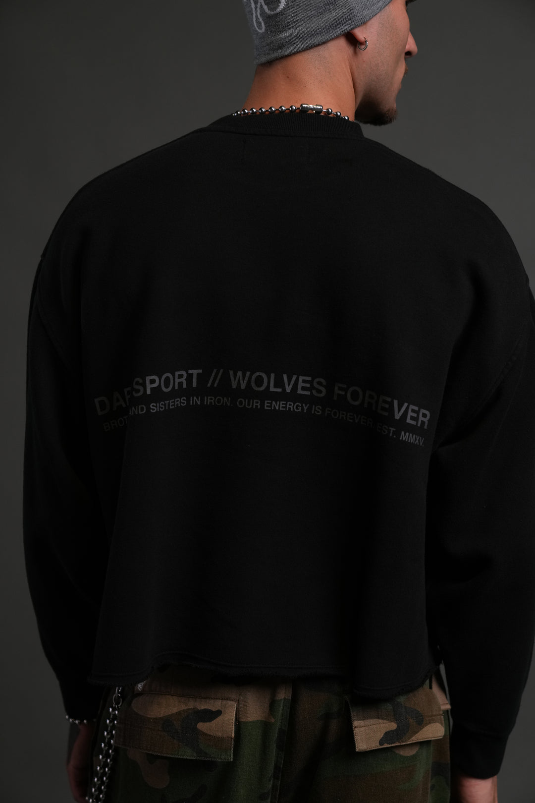 Pyramid Wolves Raw Hem "Box Cut" Crewneck in Black