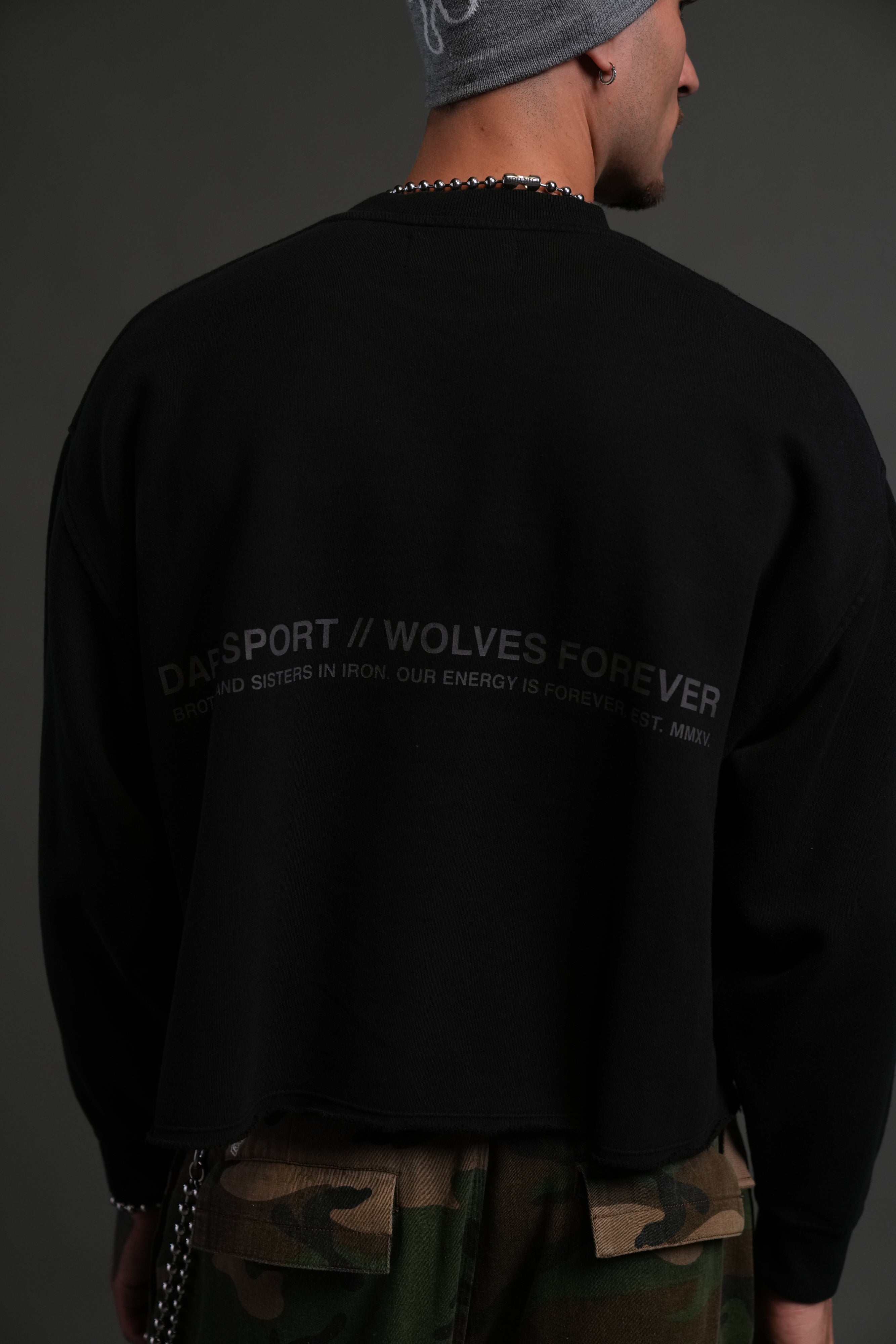 Pyramid Wolves Raw Hem "Box Cut" Crewneck in Black