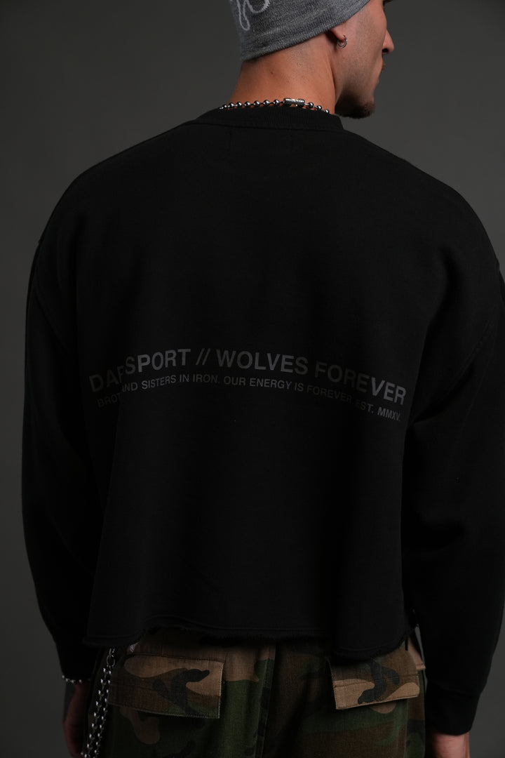 Pyramid Wolves Raw Hem "Box Cut" Crewneck in Black