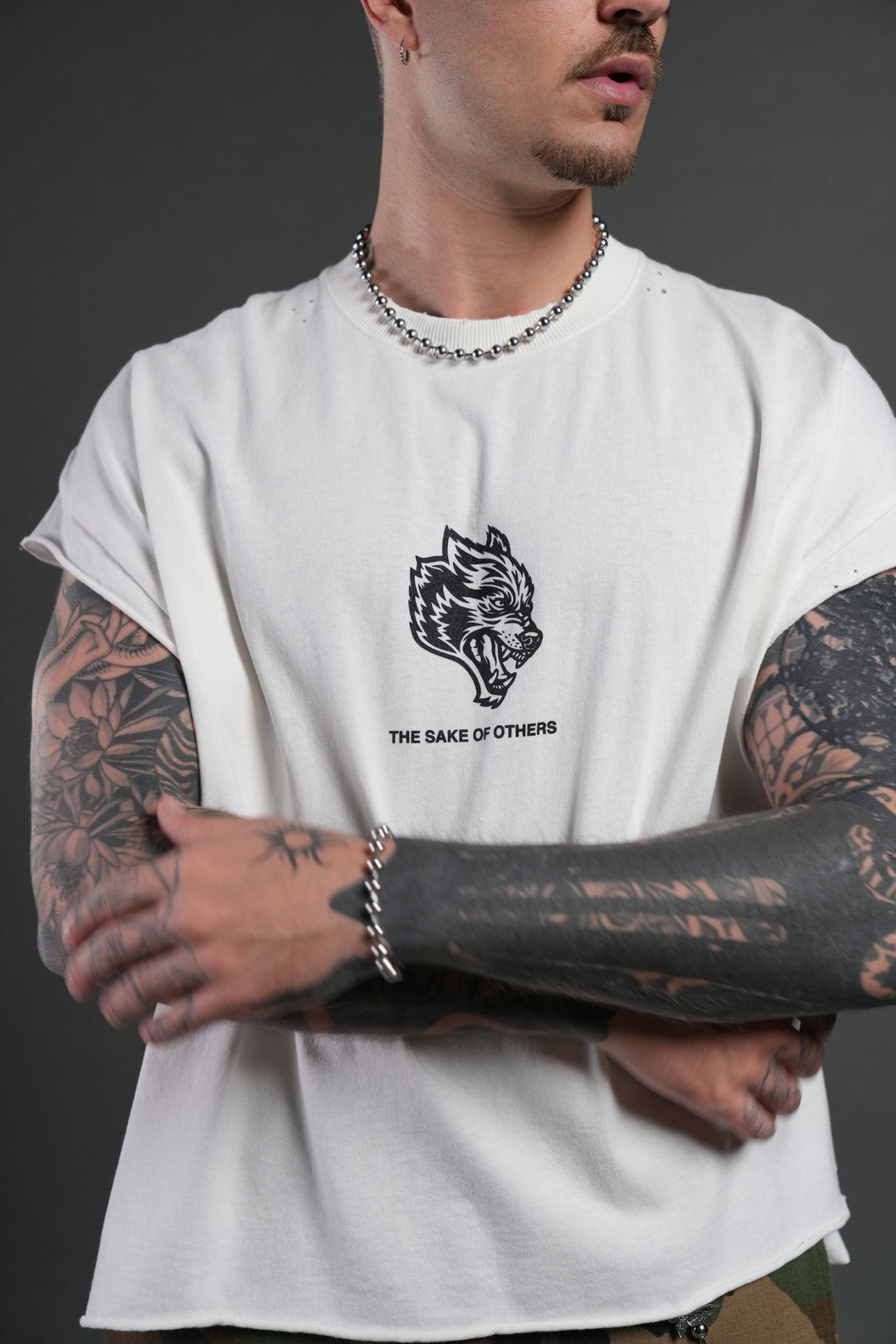 Holy Vow Distressed Grunge Cut-Off Mid-Length Raw Hem Tee in Cream