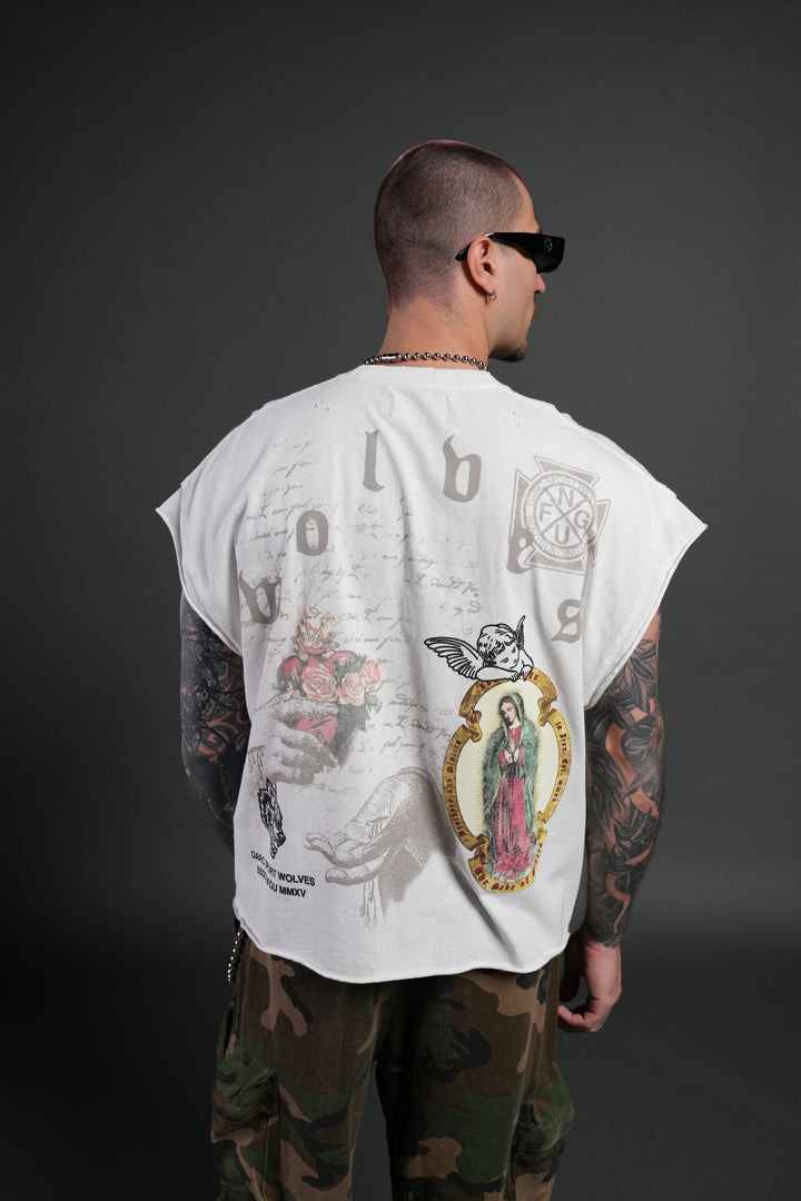 Holy Vow Distressed Grunge Cut-Off Mid-Length Raw Hem Tee in Cream