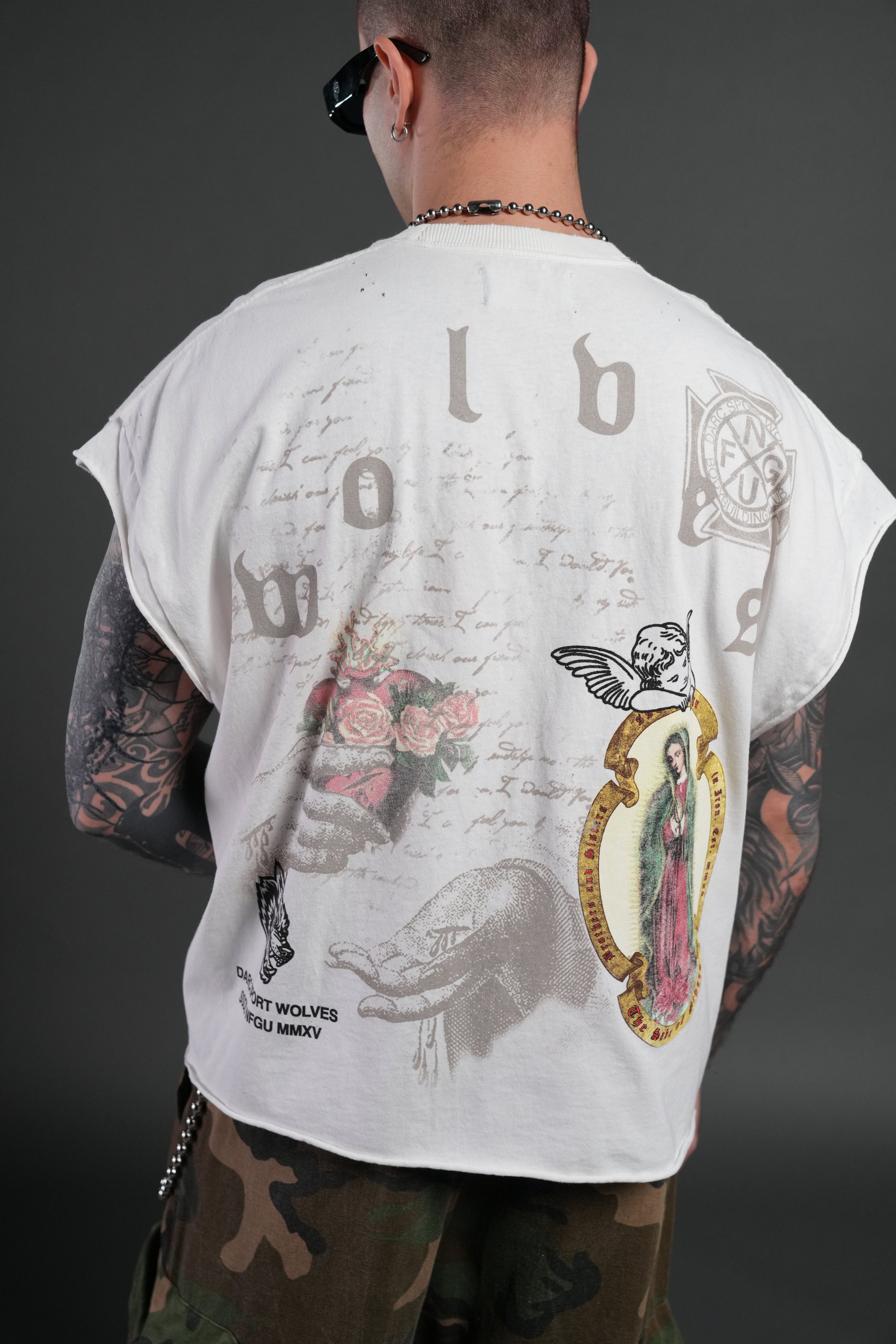 Holy Vow Distressed Grunge Cut-Off Mid-Length Raw Hem Tee in Cream