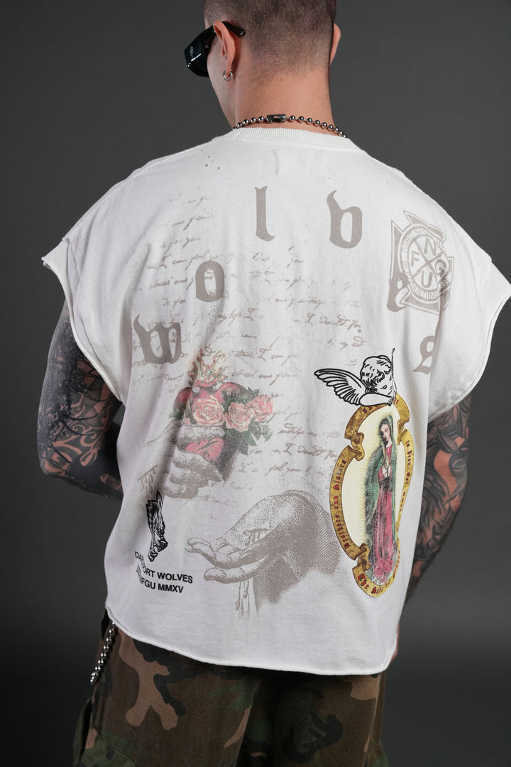 Holy Vow Distressed Grunge Cut-Off Mid-Length Raw Hem Tee in Cream