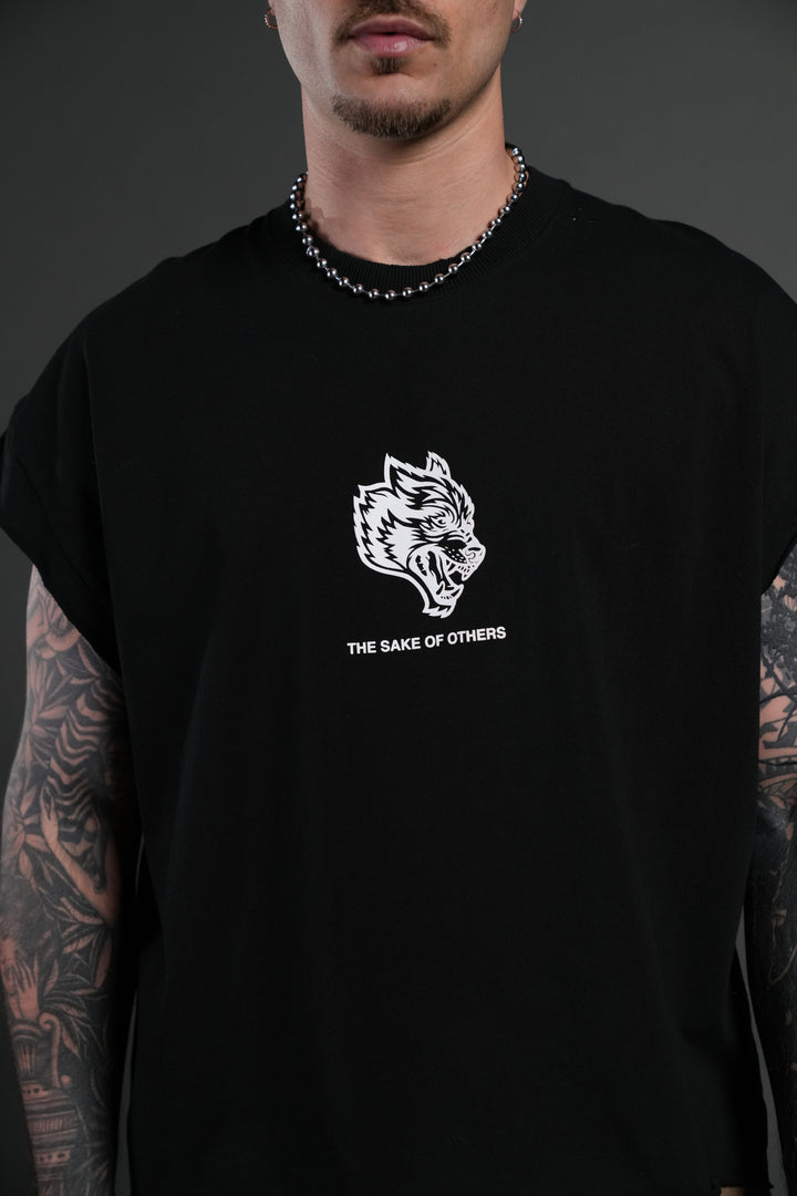 Holy Vow Distressed Grunge Cut-Off Mid-Length Raw Hem Tee in Black