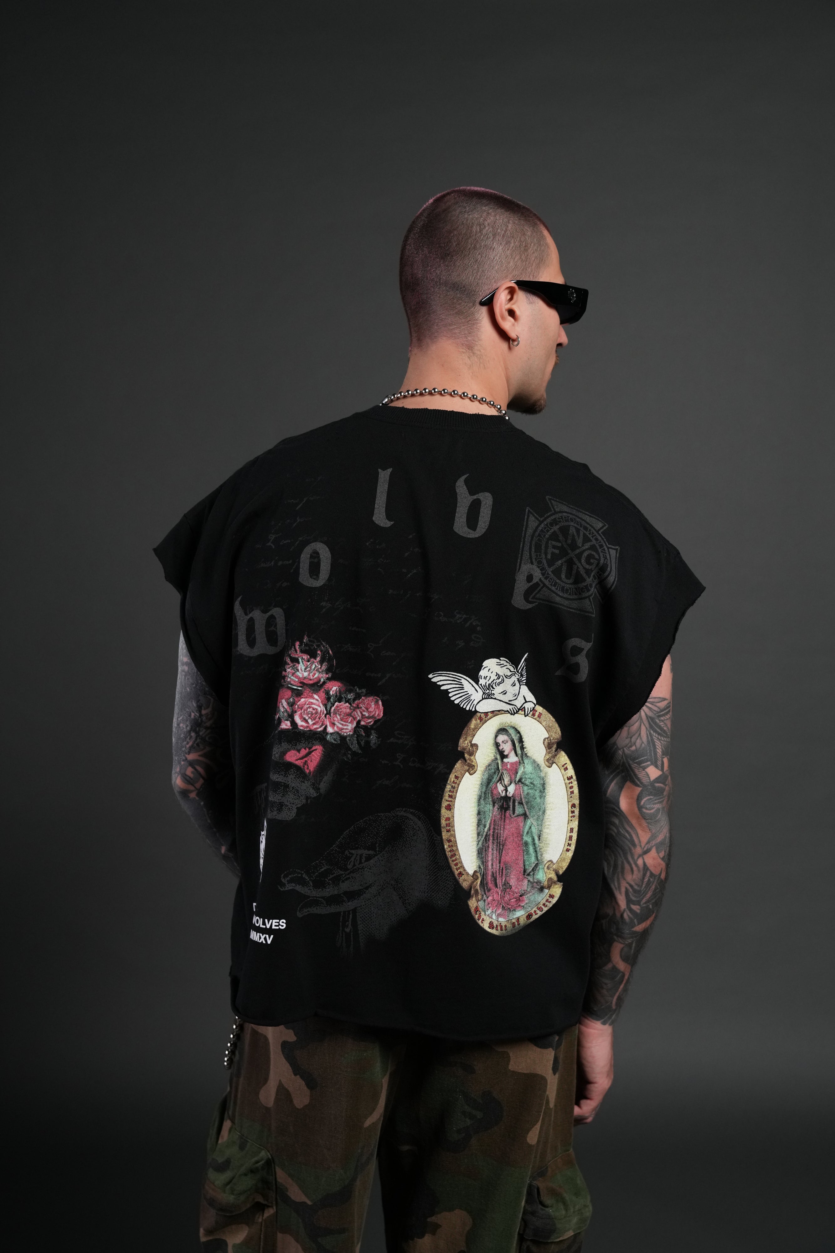 Holy Vow Distressed Grunge Cut-Off Mid-Length Raw Hem Tee in Black