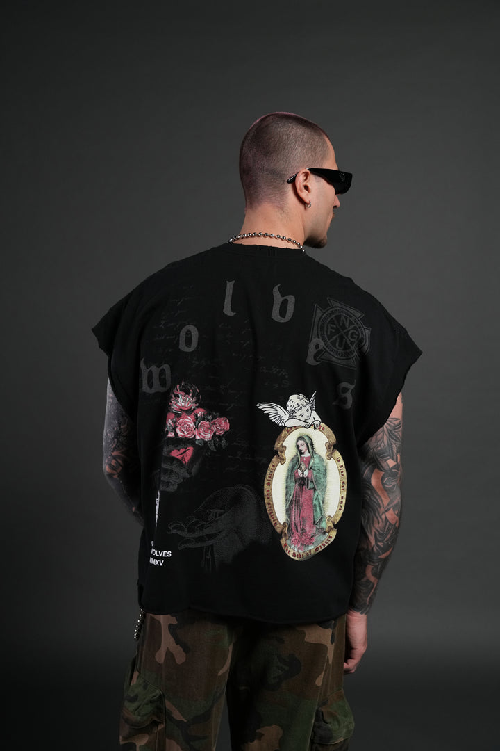 Holy Vow Distressed Grunge Cut-Off Mid-Length Raw Hem Tee in Black