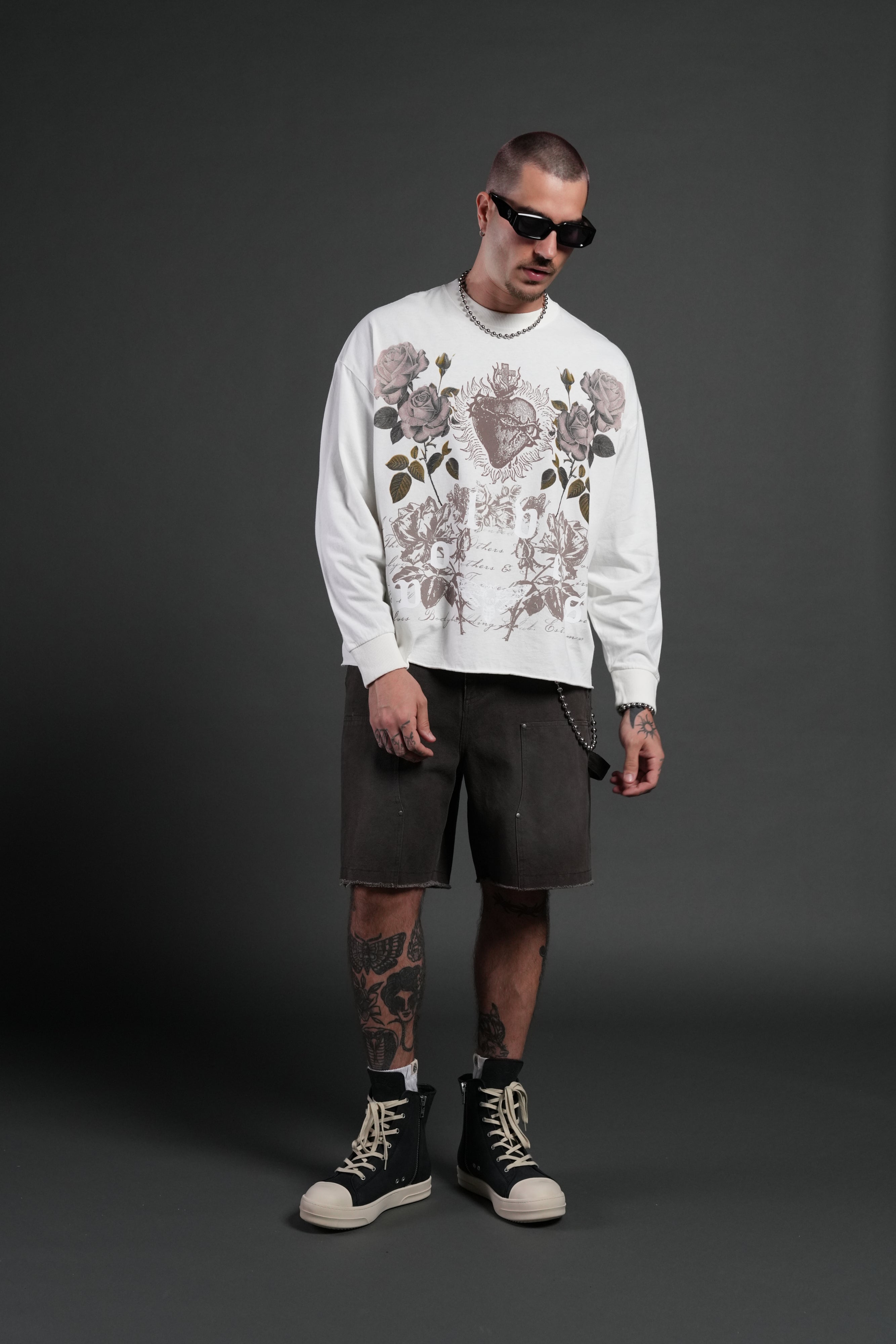 You Are the Reason Grunge Mid-Length Raw Hem LS Tee in Cream