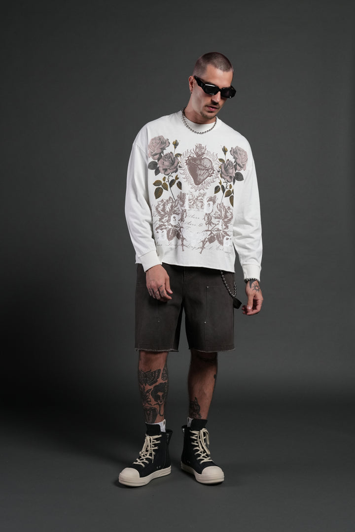 You Are the Reason Grunge Mid-Length Raw Hem LS Tee in Cream