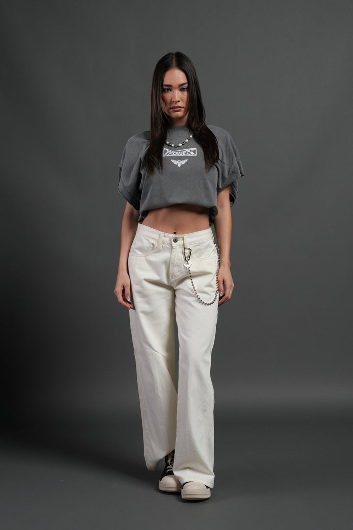 Death's-Head Grunge Cut-Off Mid Length Raw Hem Tee in Slate Gray