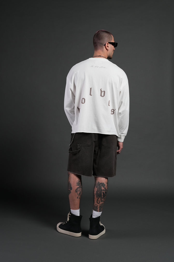 You Are the Reason Grunge Mid-Length Raw Hem LS Tee in Cream