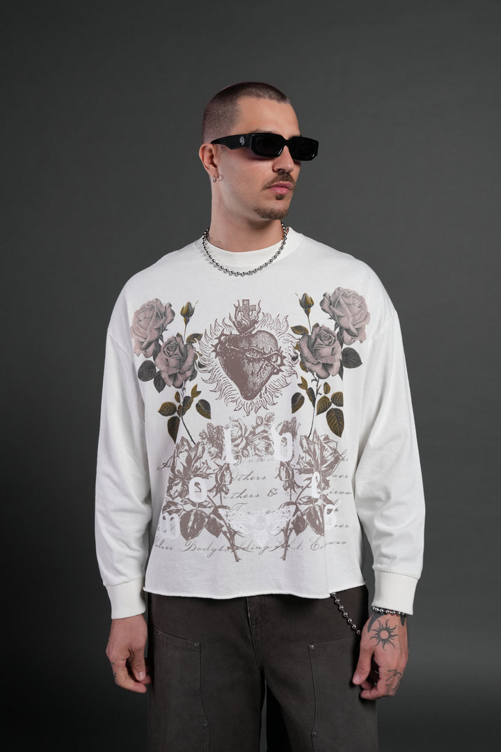 You Are the Reason Grunge Mid-Length Raw Hem LS Tee in Cream