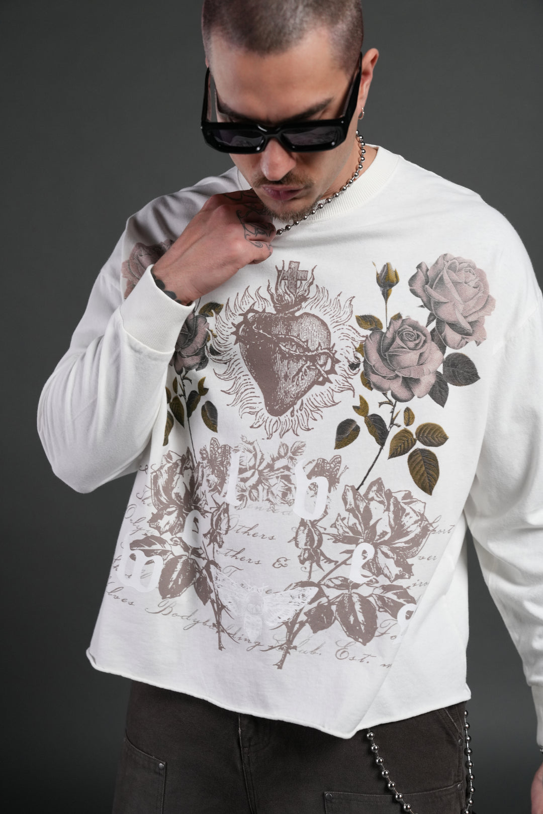 You Are the Reason Grunge Mid-Length Raw Hem LS Tee in Cream