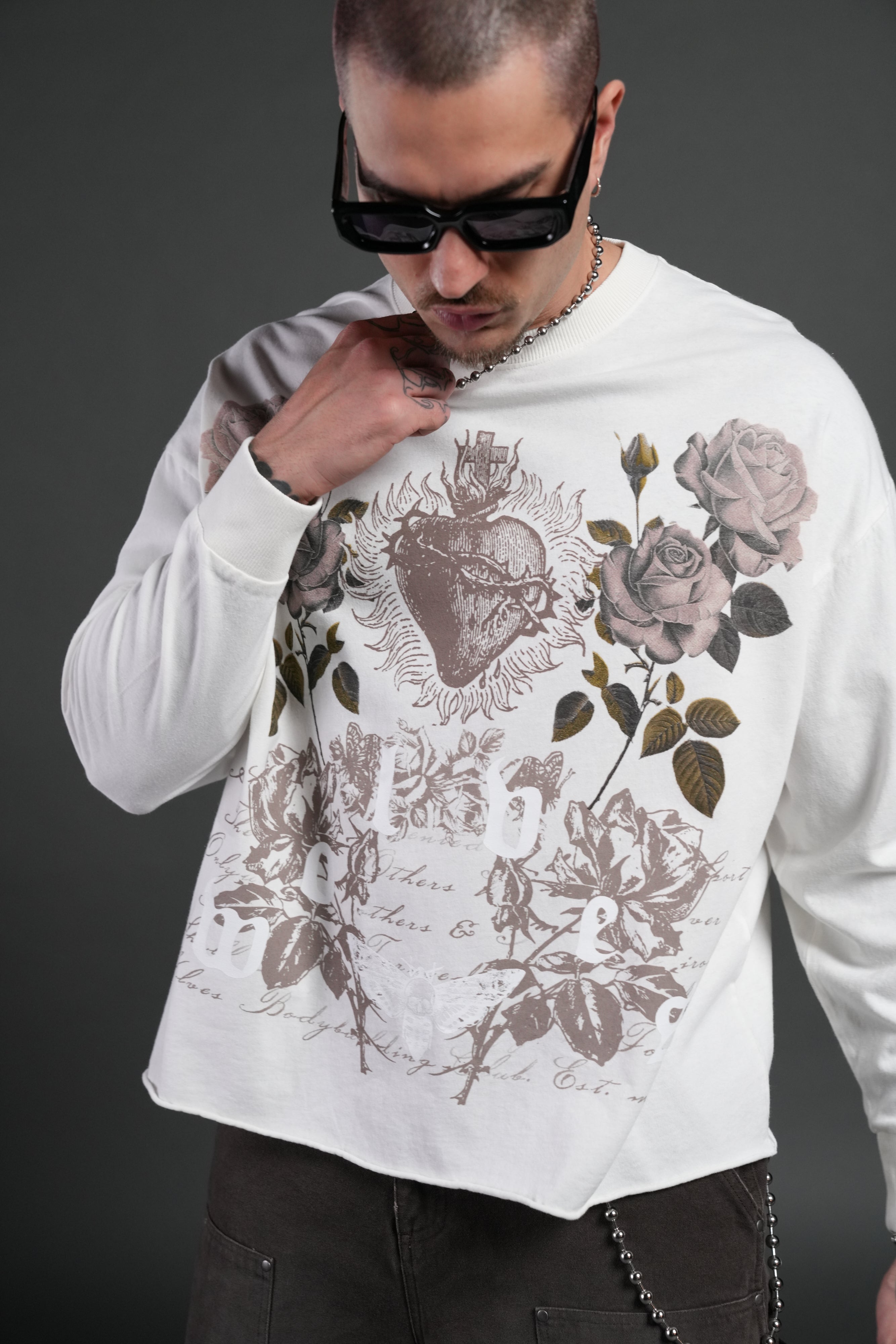 You Are the Reason Grunge Mid-Length Raw Hem LS Tee in Cream