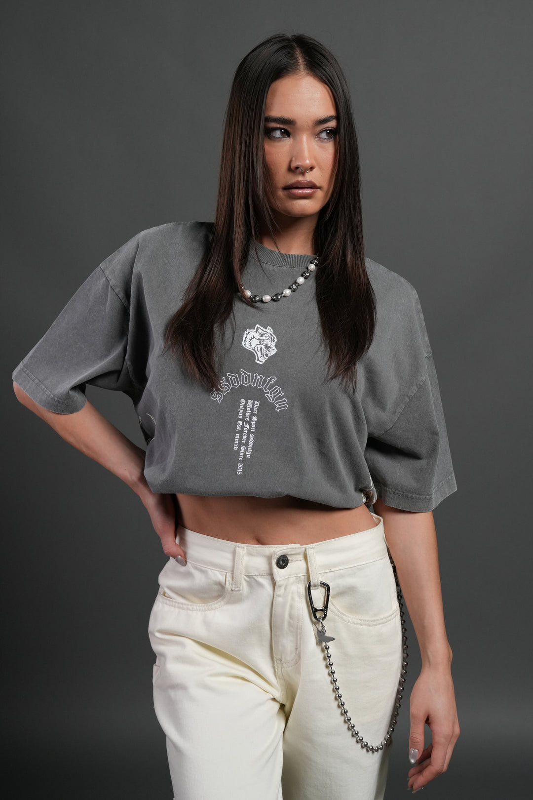 Reaper Tour Grunge Mid Length Raw Hem Tee in Slate Gray