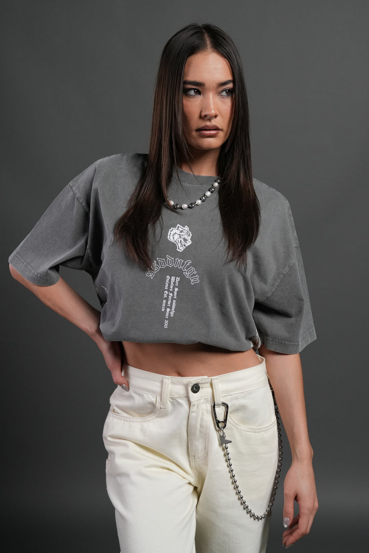 Reaper Tour Grunge Mid Length Raw Hem Tee in Slate Gray