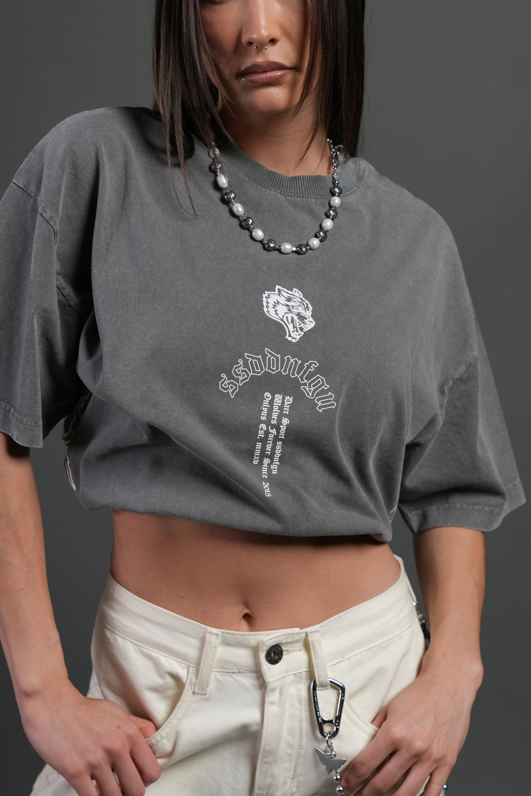 Reaper Tour Grunge Mid Length Raw Hem Tee in Slate Gray