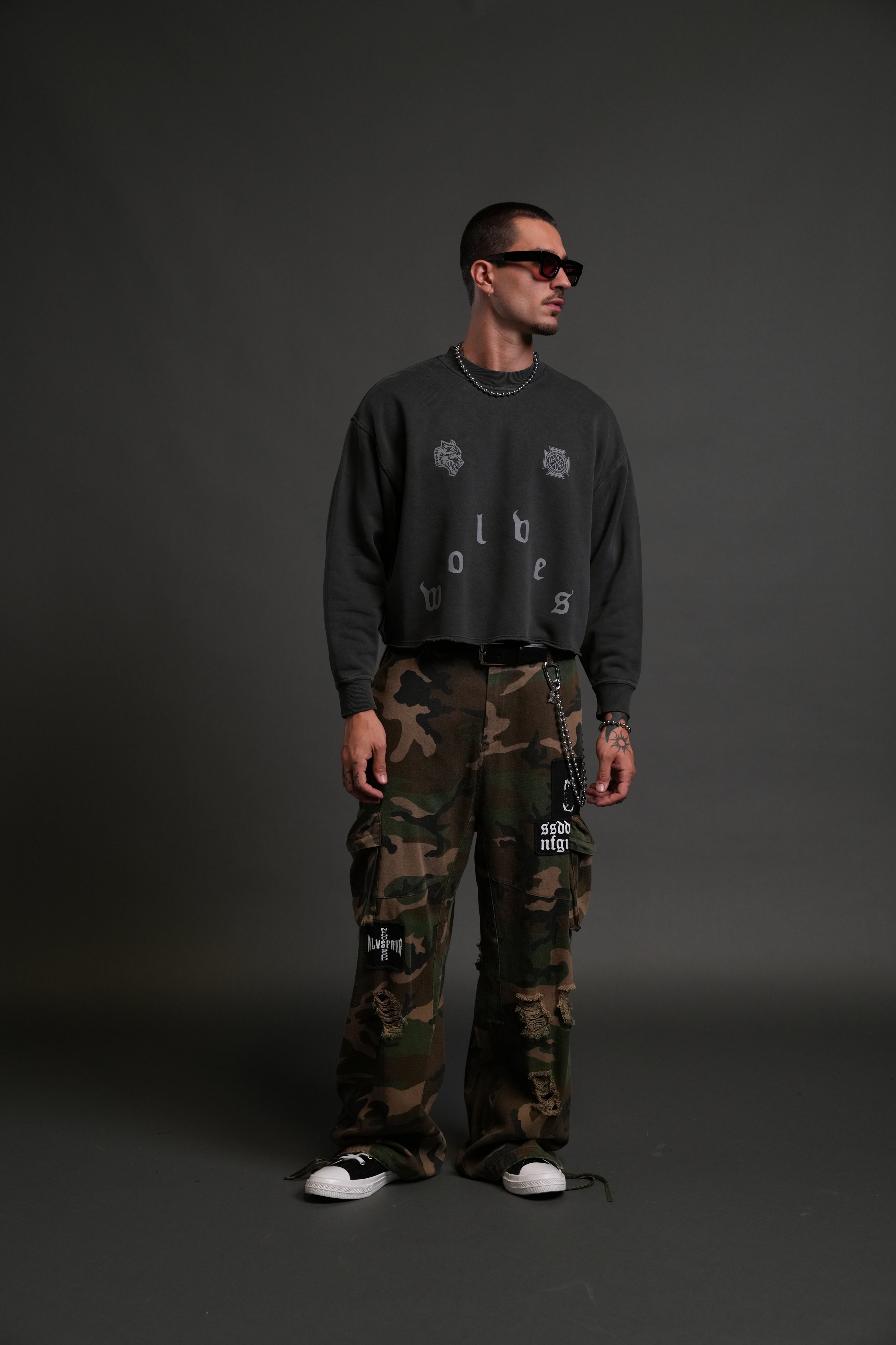 Pyramid Wolves Raw Hem "Box Cut" Crewneck in Wolf Gray